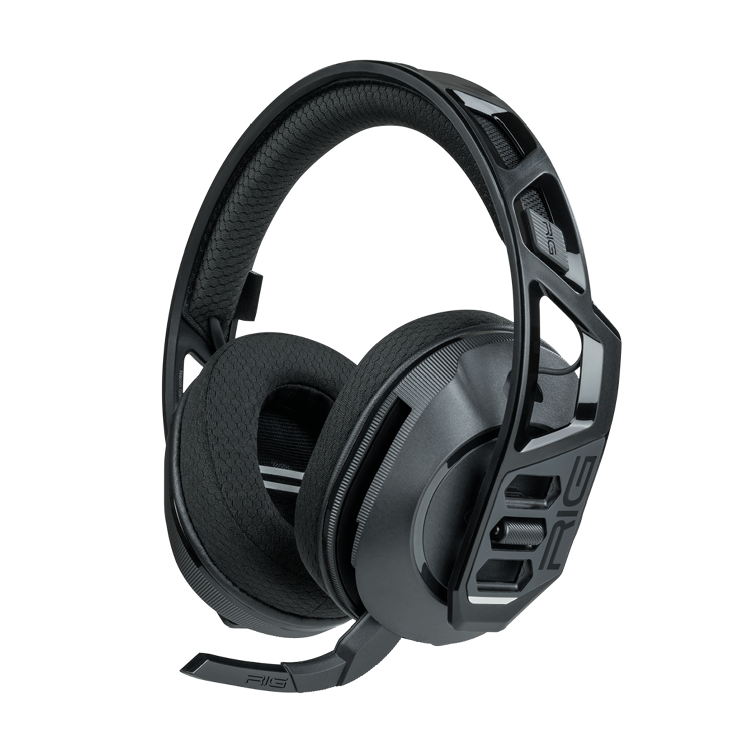 Czarny zestaw słuchawkowy do gier z mikrofonem, na białym tle.