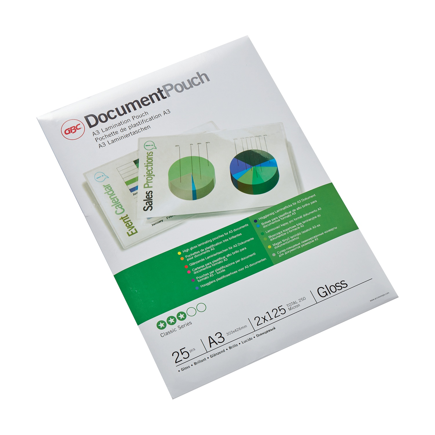 Confezione da 25 buste per plastificazione GBC A3 lucide, 2x125 micron.