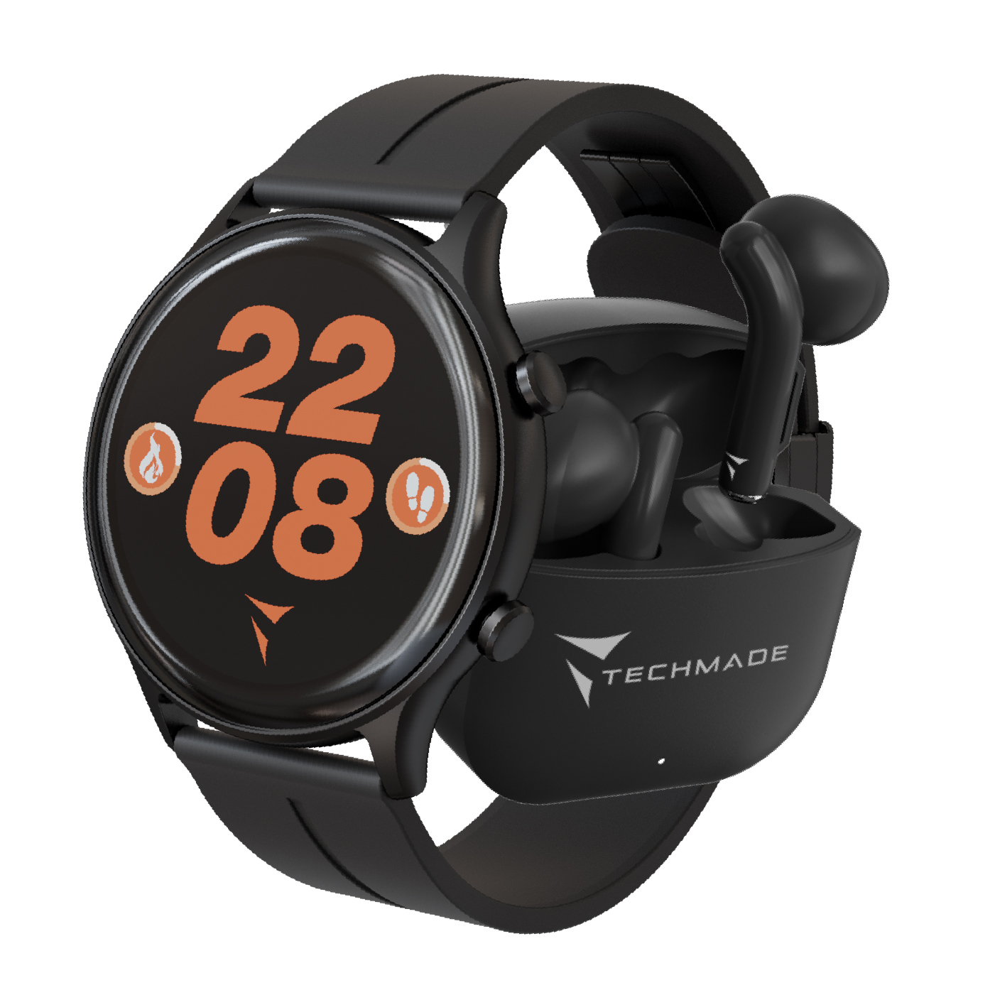 Schwarze Smartwatch mit Kopfhörern im Ladecase. Zeitanzeige 22:08.
