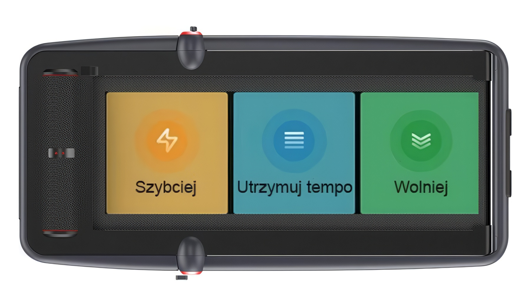 Czarne urządzenie z trzema kolorowymi kafelkami: żółtym, niebieskim i zielonym.