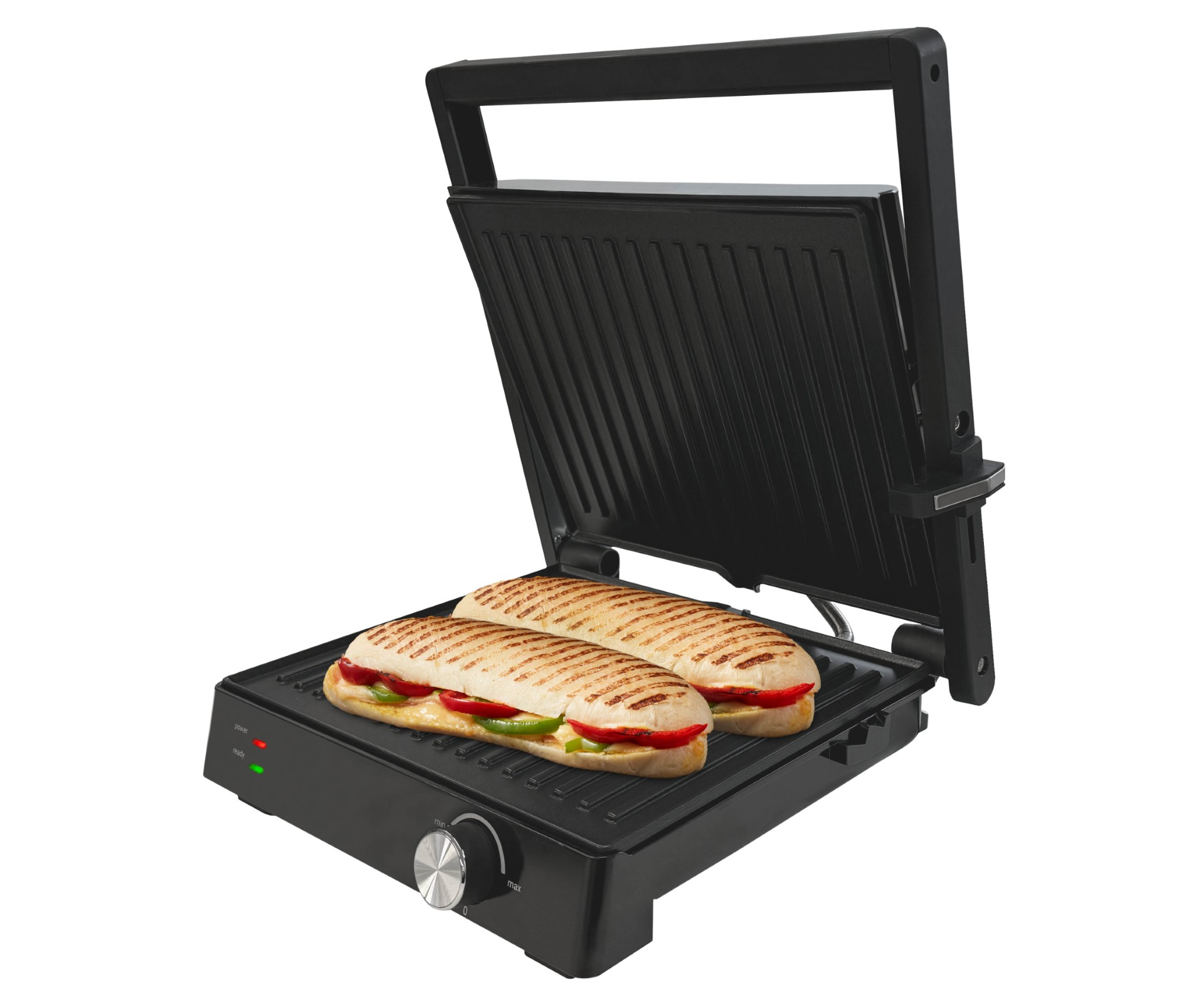 An open contact grill with two grilled sandwiches, filled with cheese, tomatoes, and peppers.