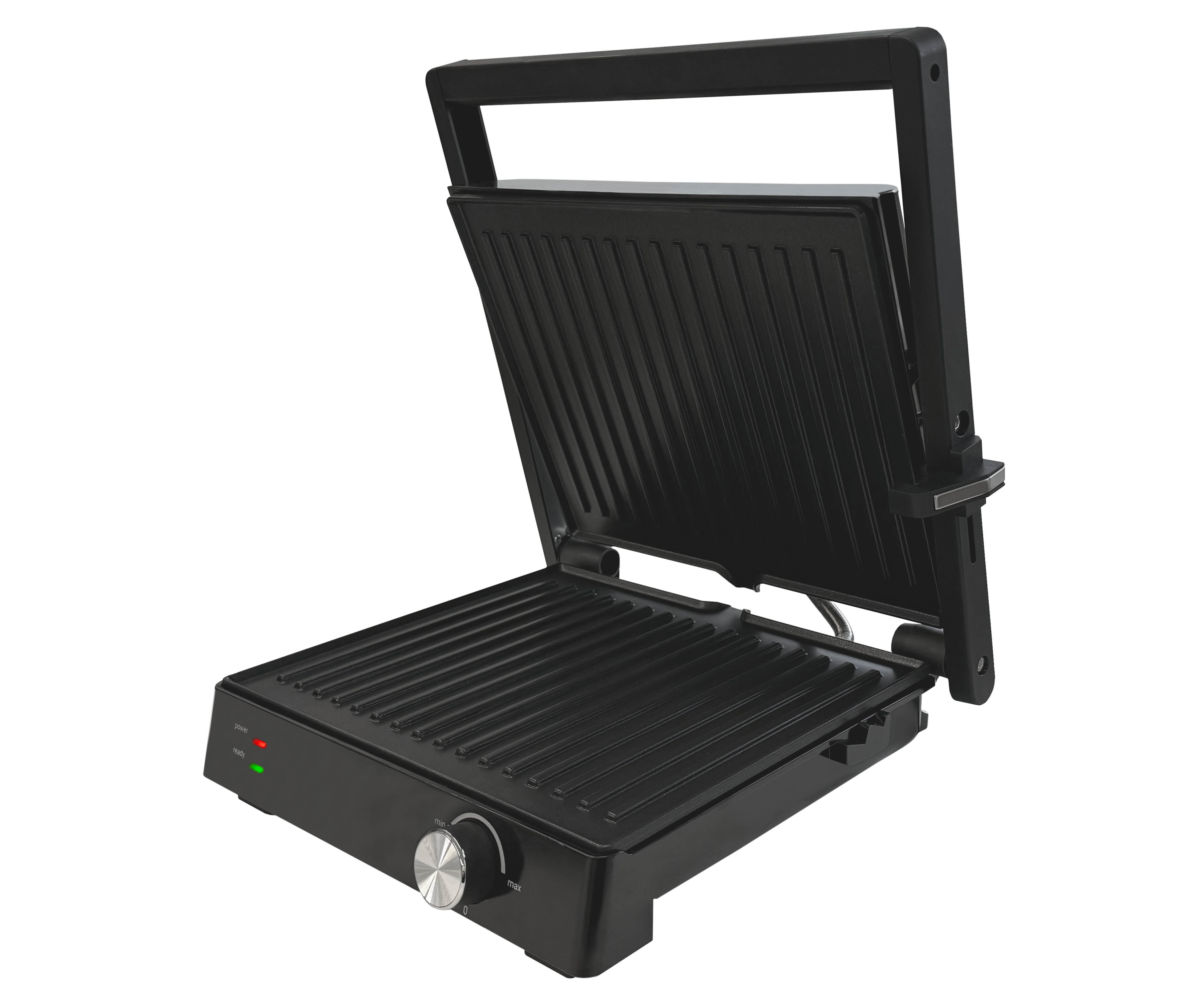 An open black contact grill with ribbed plates and indicator lights.