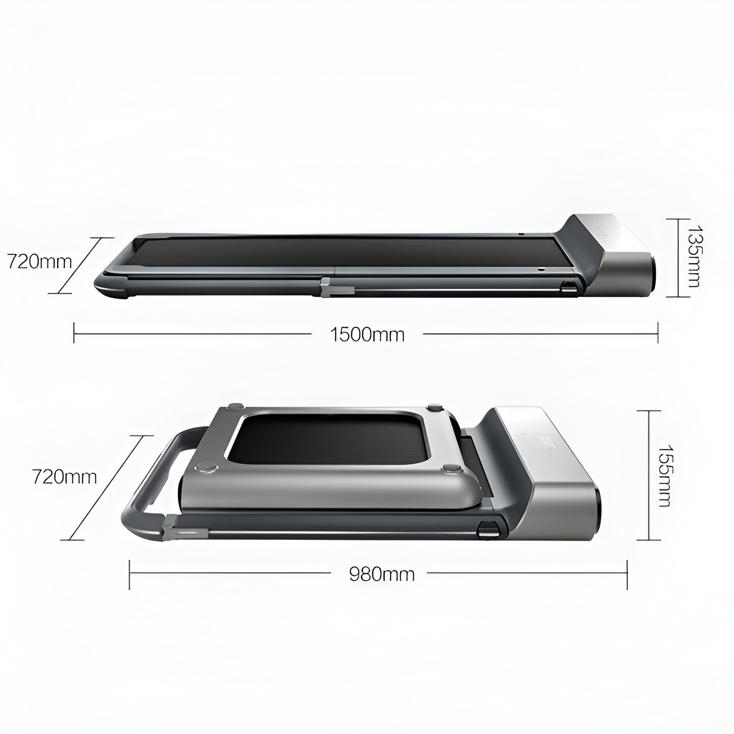 Szara bieżnia w dwóch widokach: rozłożona (1500mm D, 720mm S, 135mm W) i złożona.