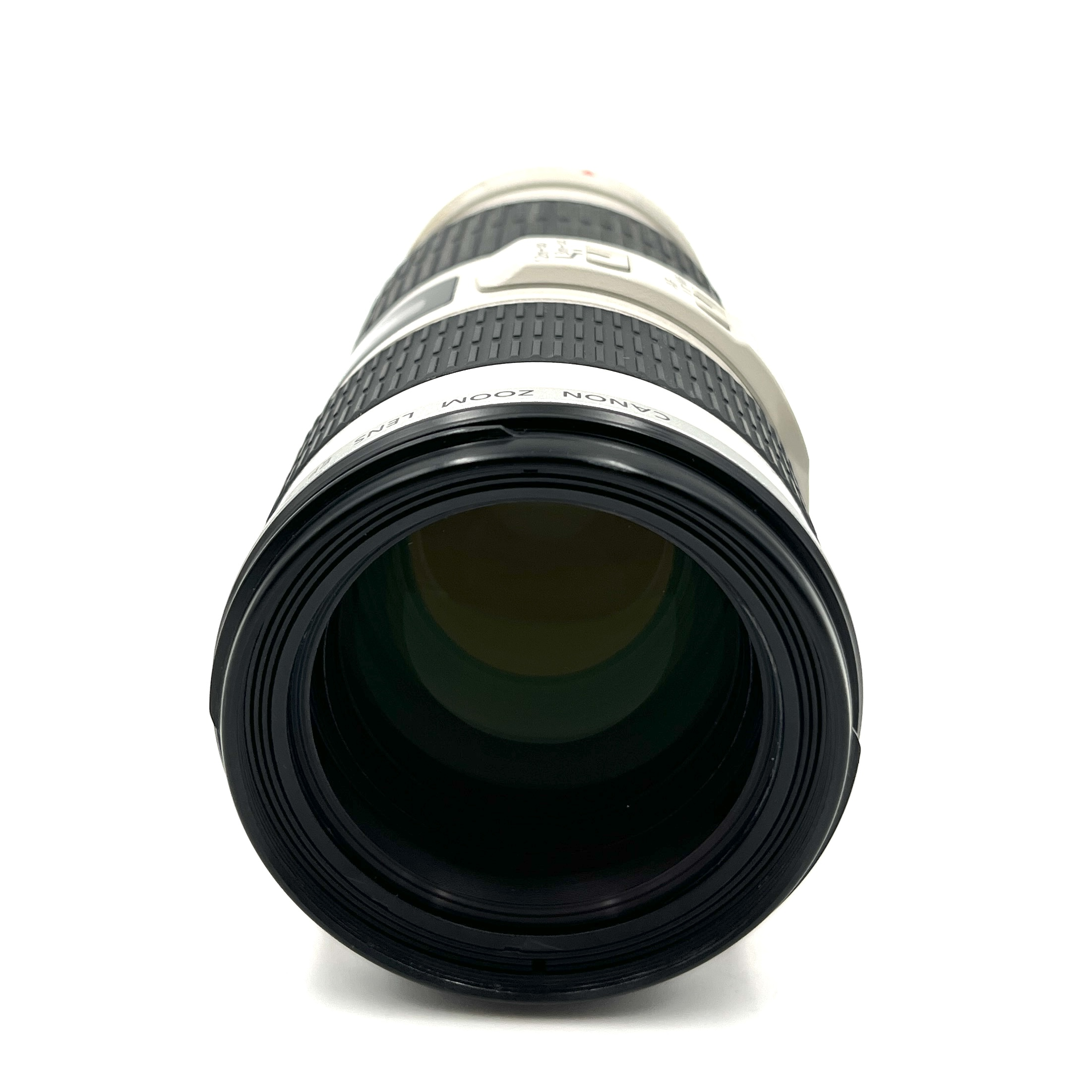 Primo piano di un obiettivo zoom Canon con corpo bianco e nero su sfondo bianco.