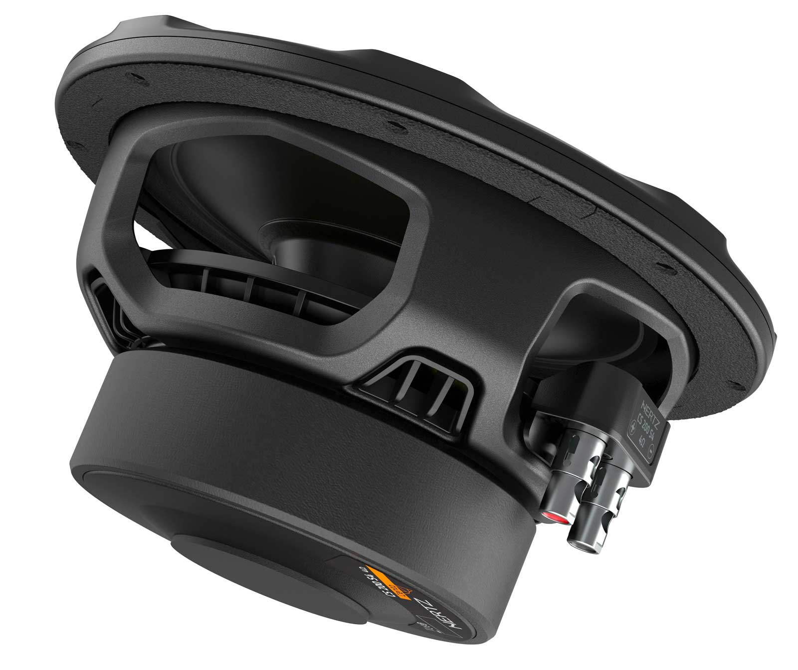 Schwarzer Subwoofer mit silbernen Anschlüssen, detaillierte Ansicht.