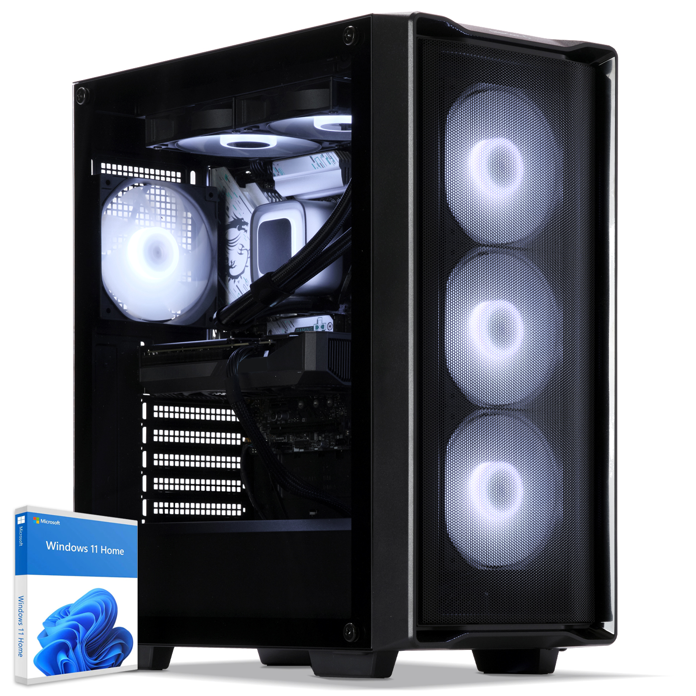 Case per computer nero con ventole illuminate e una scatola di Windows 11 Home.