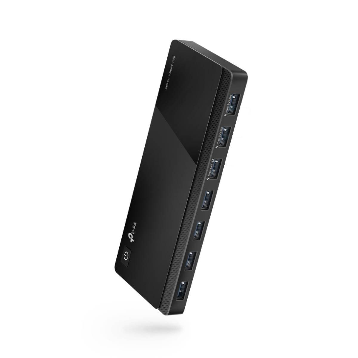 Schwarzer USB 3.0 7-Port Hub mit TP-Link Logo und Netzschalter.