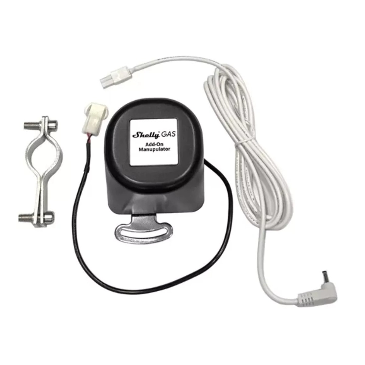 Un dispositivo manipulador Shelly GAS negro con soporte y cables plateados.