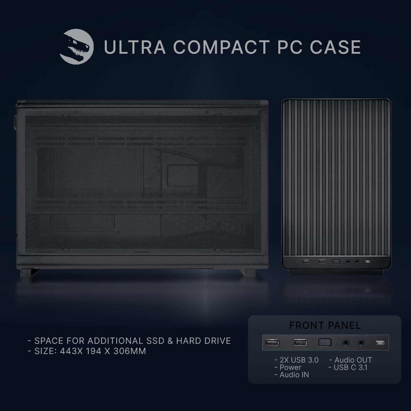 Dwa czarne, ultra-kompaktowe obudowy PC. Jedna z siatką, druga z pionowymi paskami.