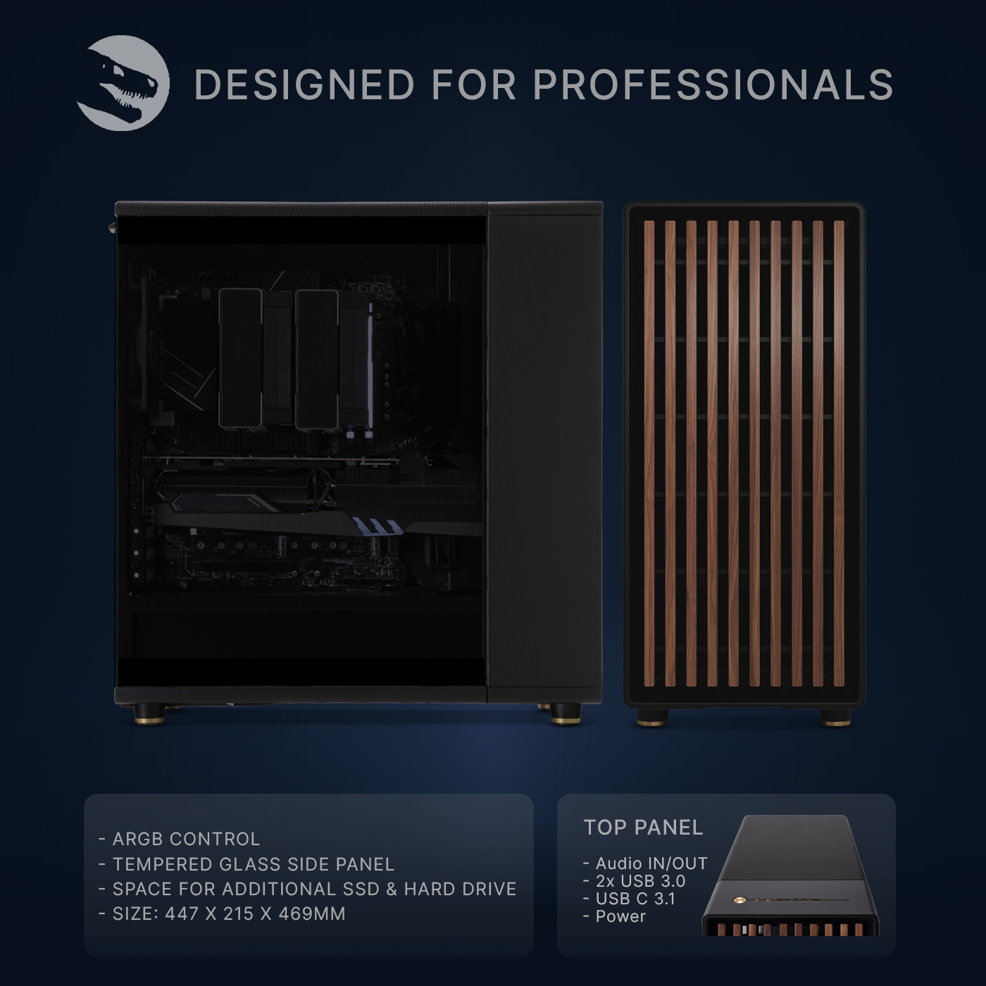 Czarna obudowa komputera z szklanym bokiem i frontem z drewnianych listew. Panel górny z portami.