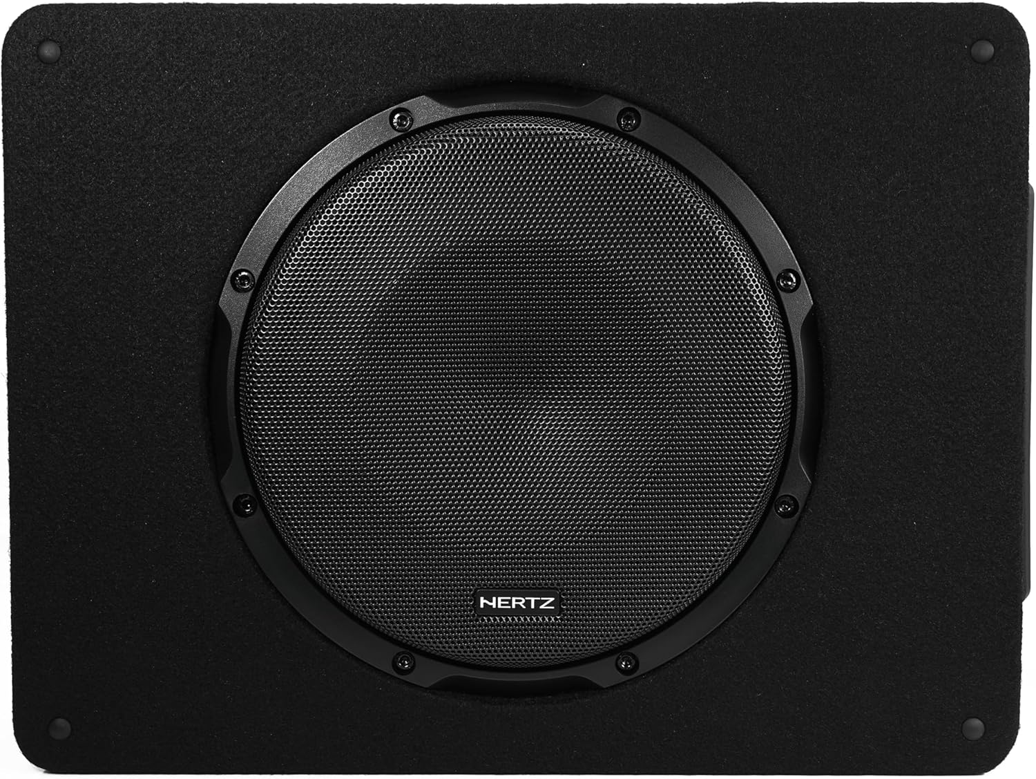 Schwarzer Subwoofer mit Hertz-Logo in einem Filzgehäuse.