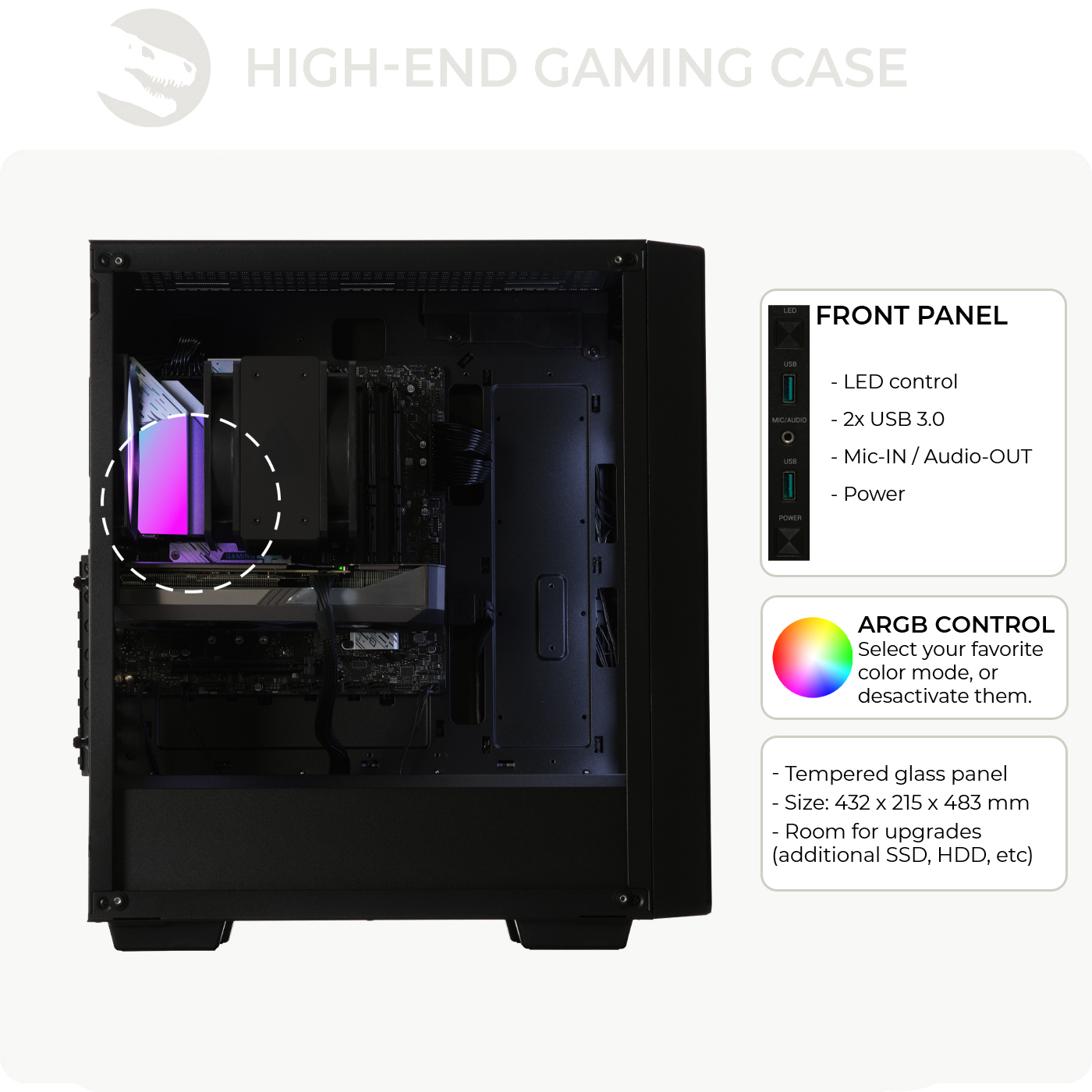 Otwarta czarna obudowa komputera gamingowego z wentylatorami RGB i portami.