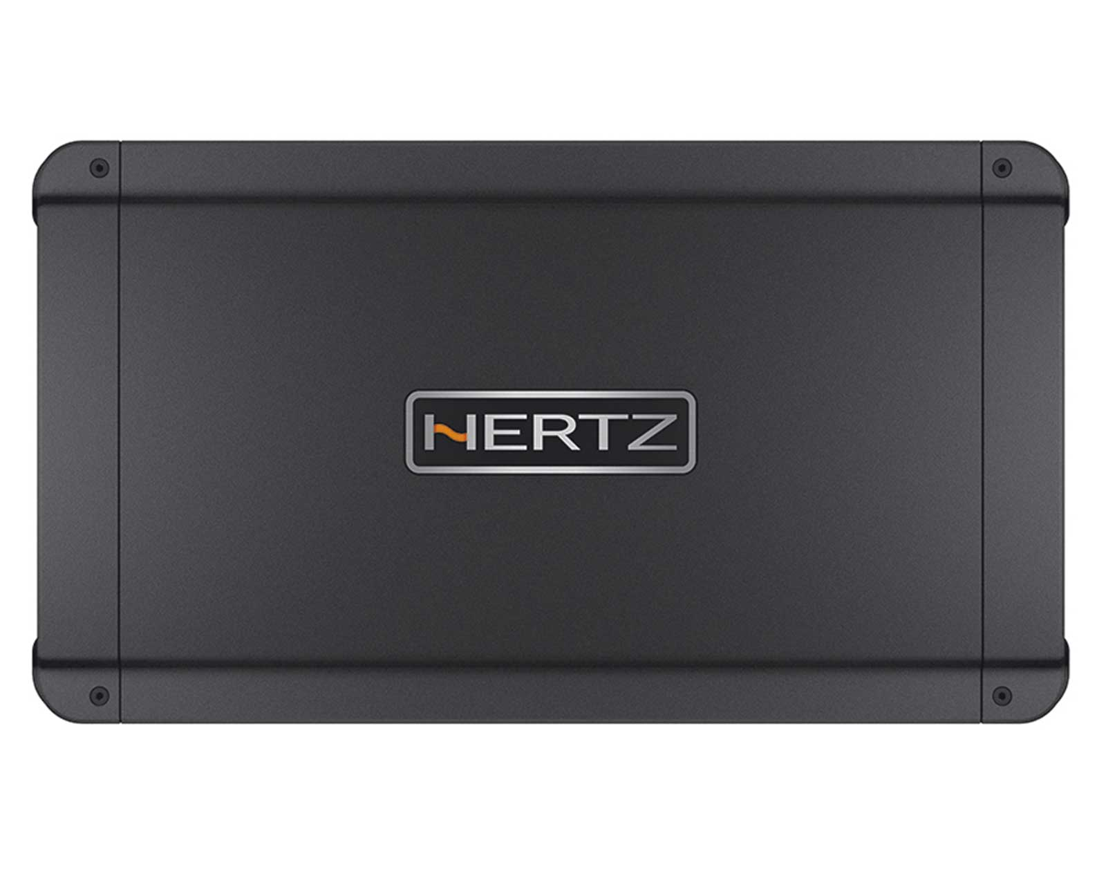 Schwarzer Hertz-Verstärker mit silbernem Logo und Schrauben an den Ecken.