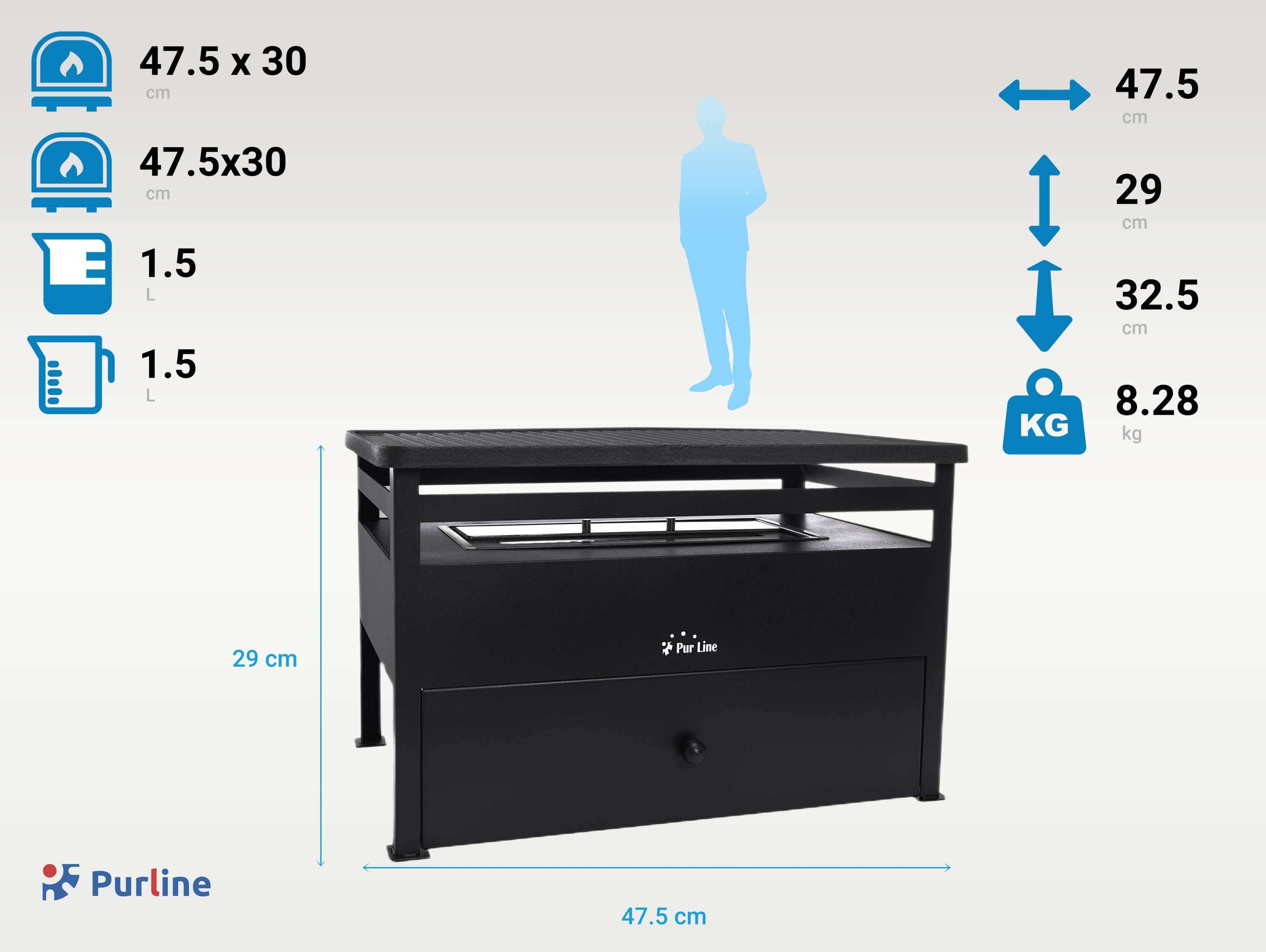 Schwarzer Grill mit Maßen 47,5x29x32,5 cm und 8,28 kg Gewicht.