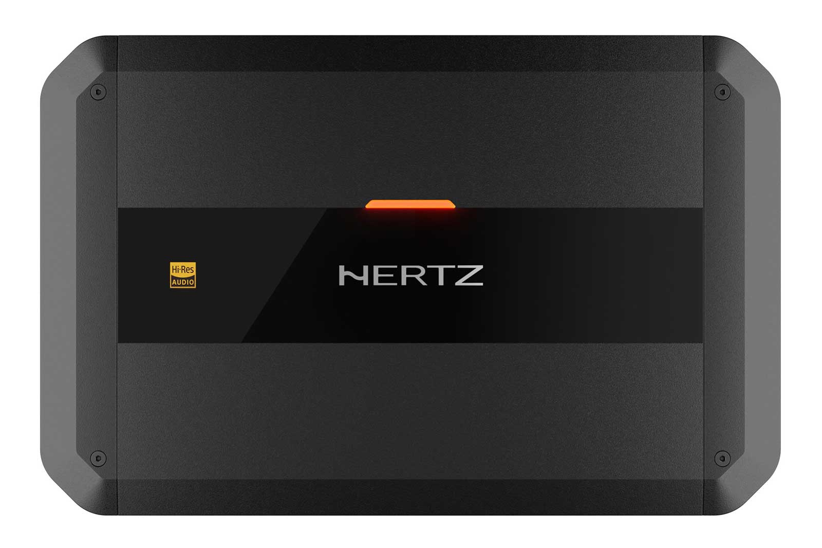 Schwarzer Verstärker mit HERTZ-Logo und Hi-Res Audio-Aufkleber.