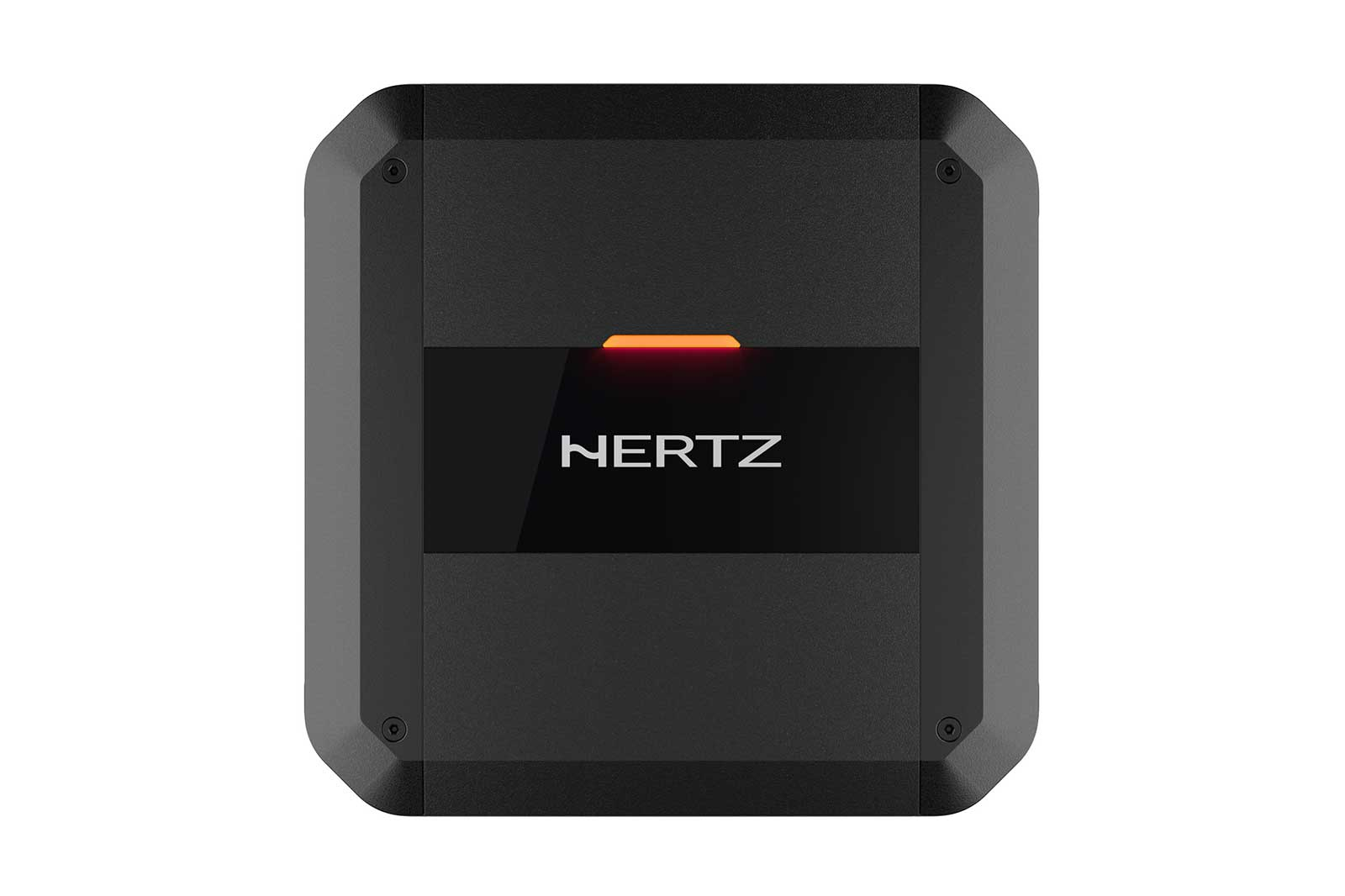 Schwarzer Verstärker mit HERTZ-Logo und orangefarbener Leuchtanzeige.