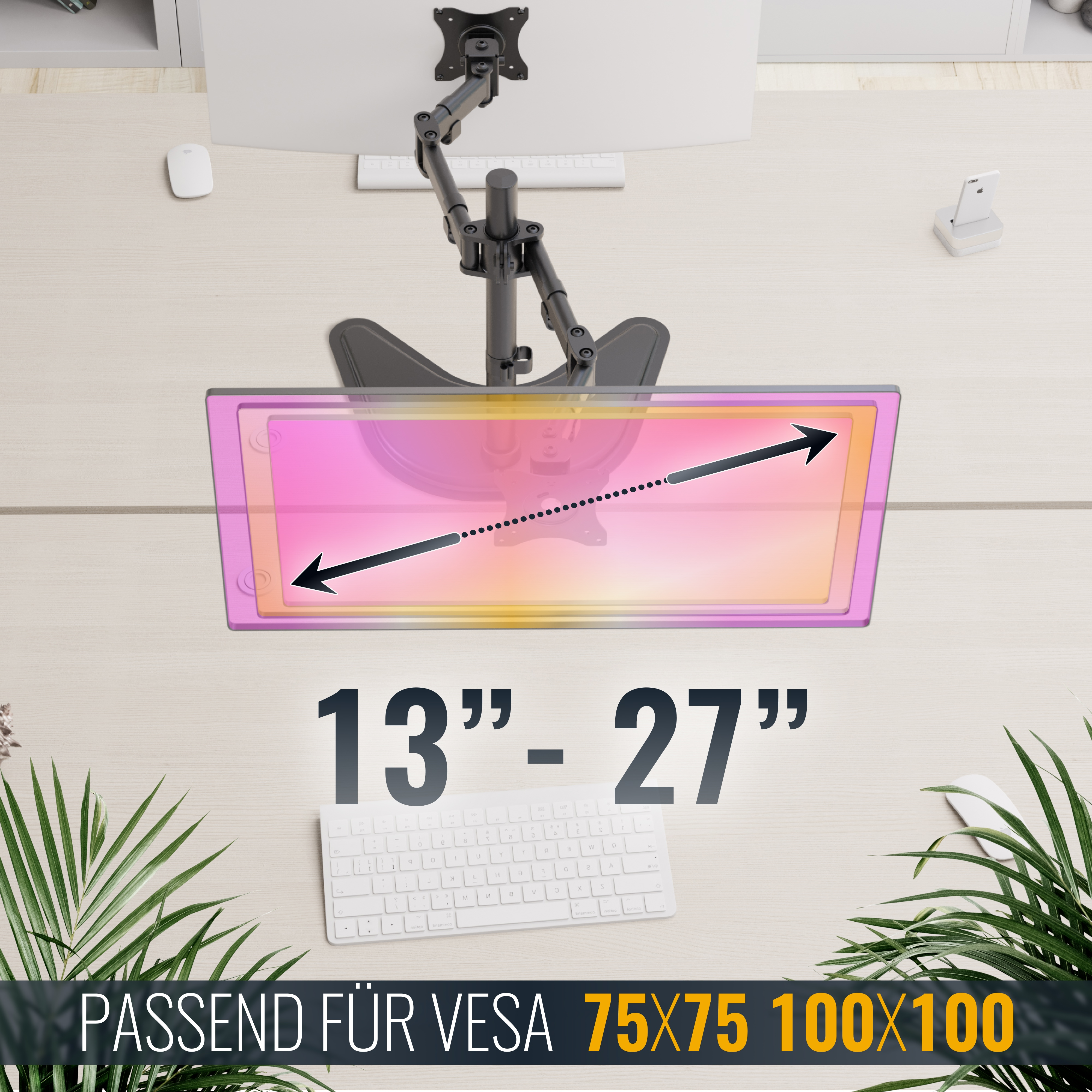 Monitorarm für 13-27 Zoll Bildschirme, VESA 75x75 und 100x100.