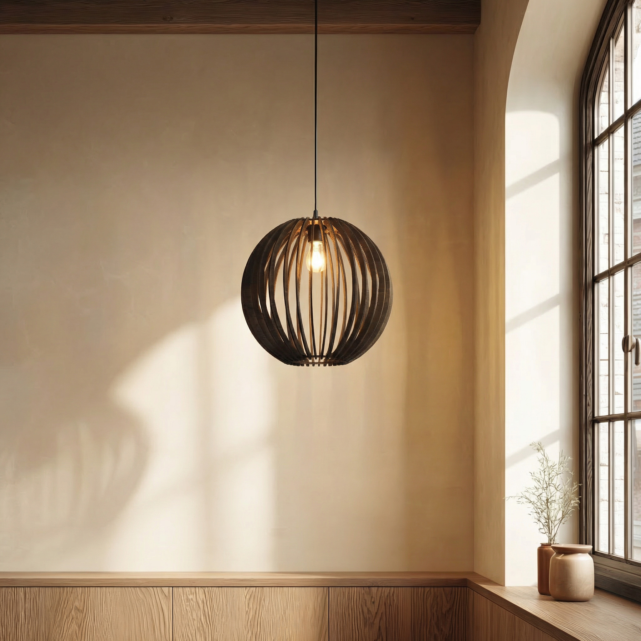 Eine runde Lampe aus dunklem Holz hängt von der Decke.