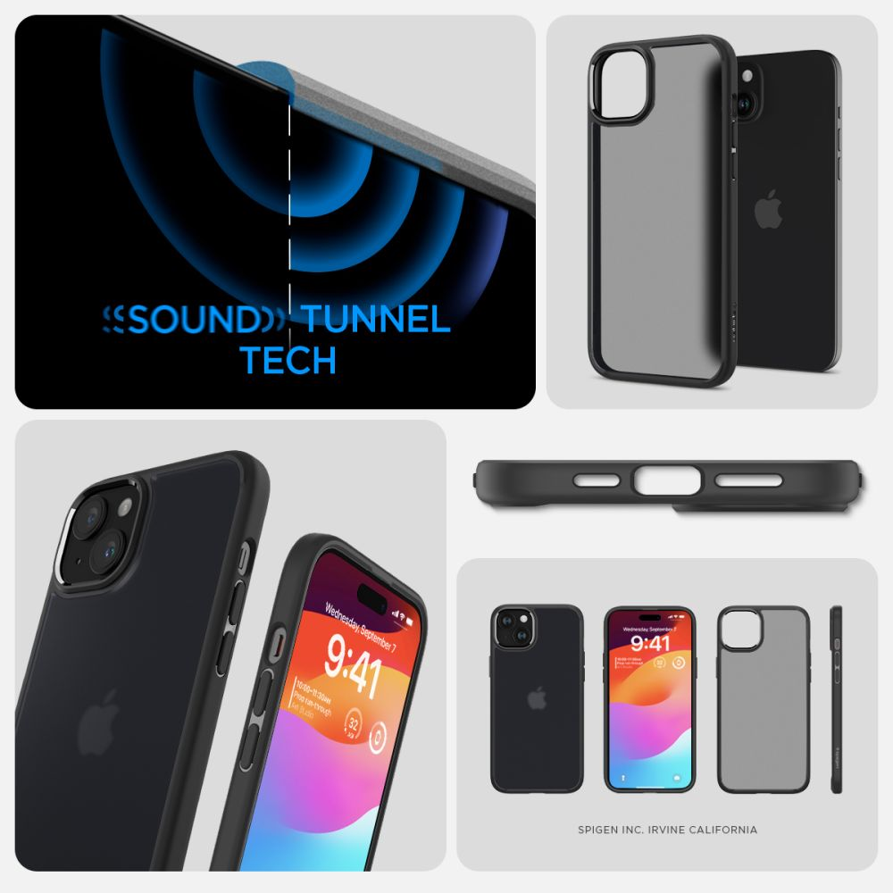 Collage von iPhone-Hüllen mit Sound-Tunnel-Tech-Grafik und Spigen-Branding.