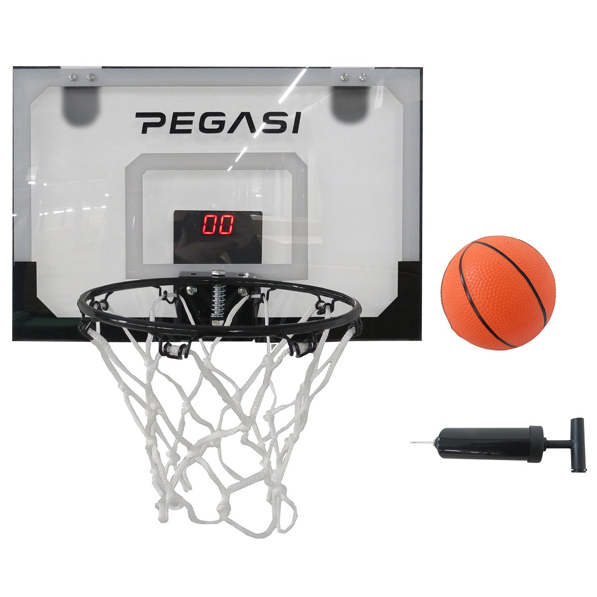 Basketbalring met net, digitaal scorebord, bal en pomp.