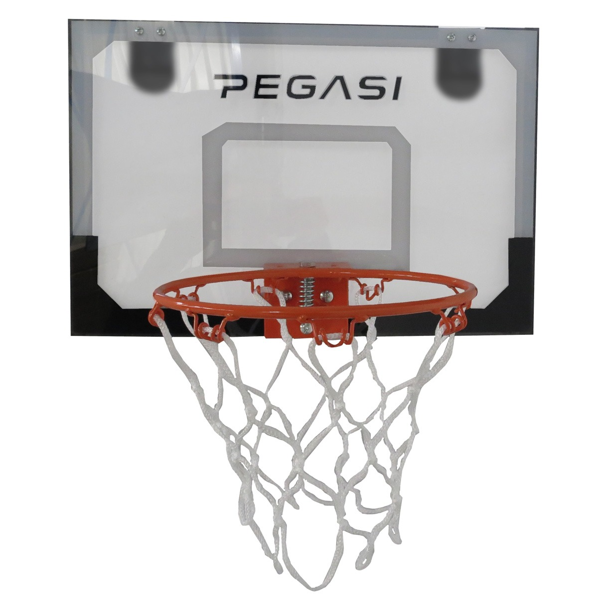 An orange basketball hoop with a white net in front of a white backboard with 