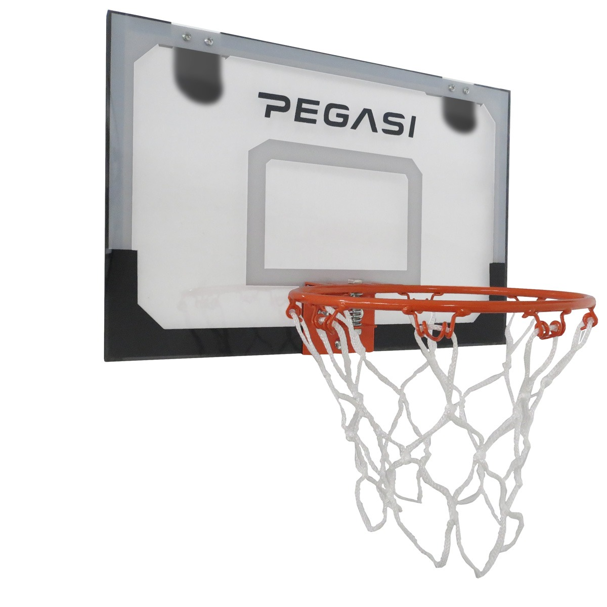 A basketball hoop with a white backboard and net, featuring the PEGASI logo.