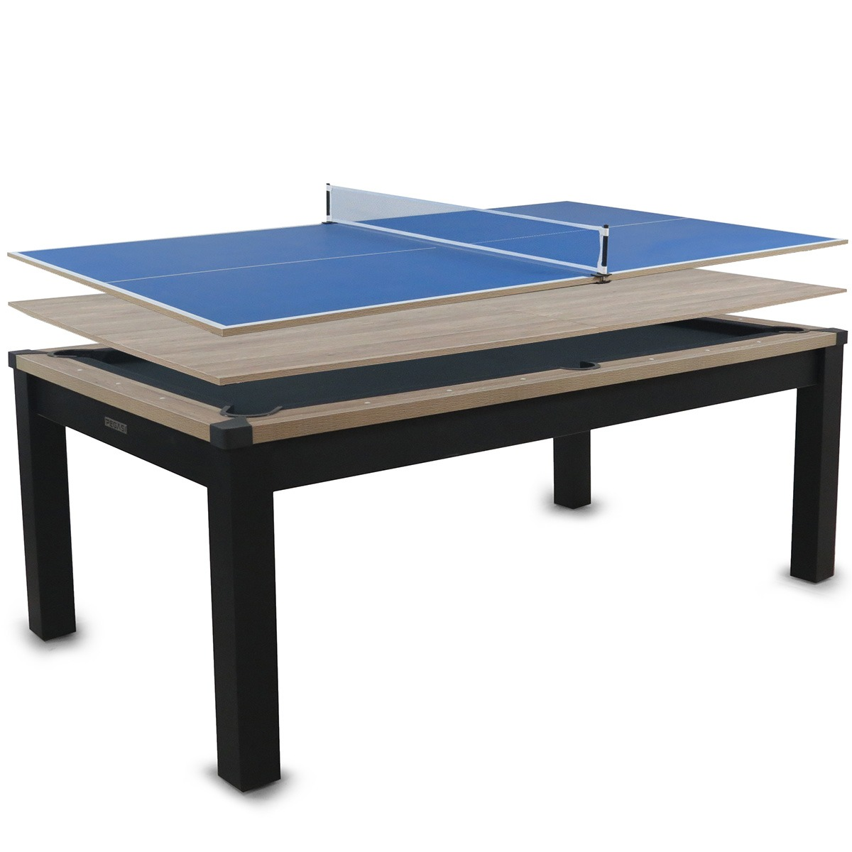 Een gametabel met pooltafel, houten overlay en blauw tafeltennisblad.