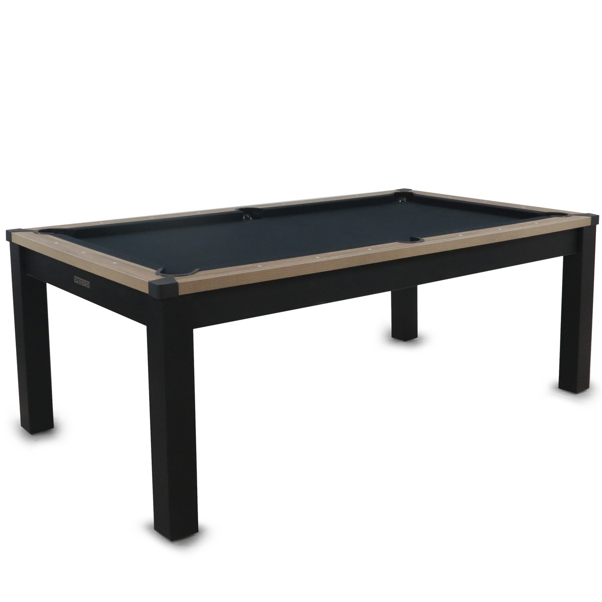 Een zwarte biljarttafel met houten frame staat op vier poten.