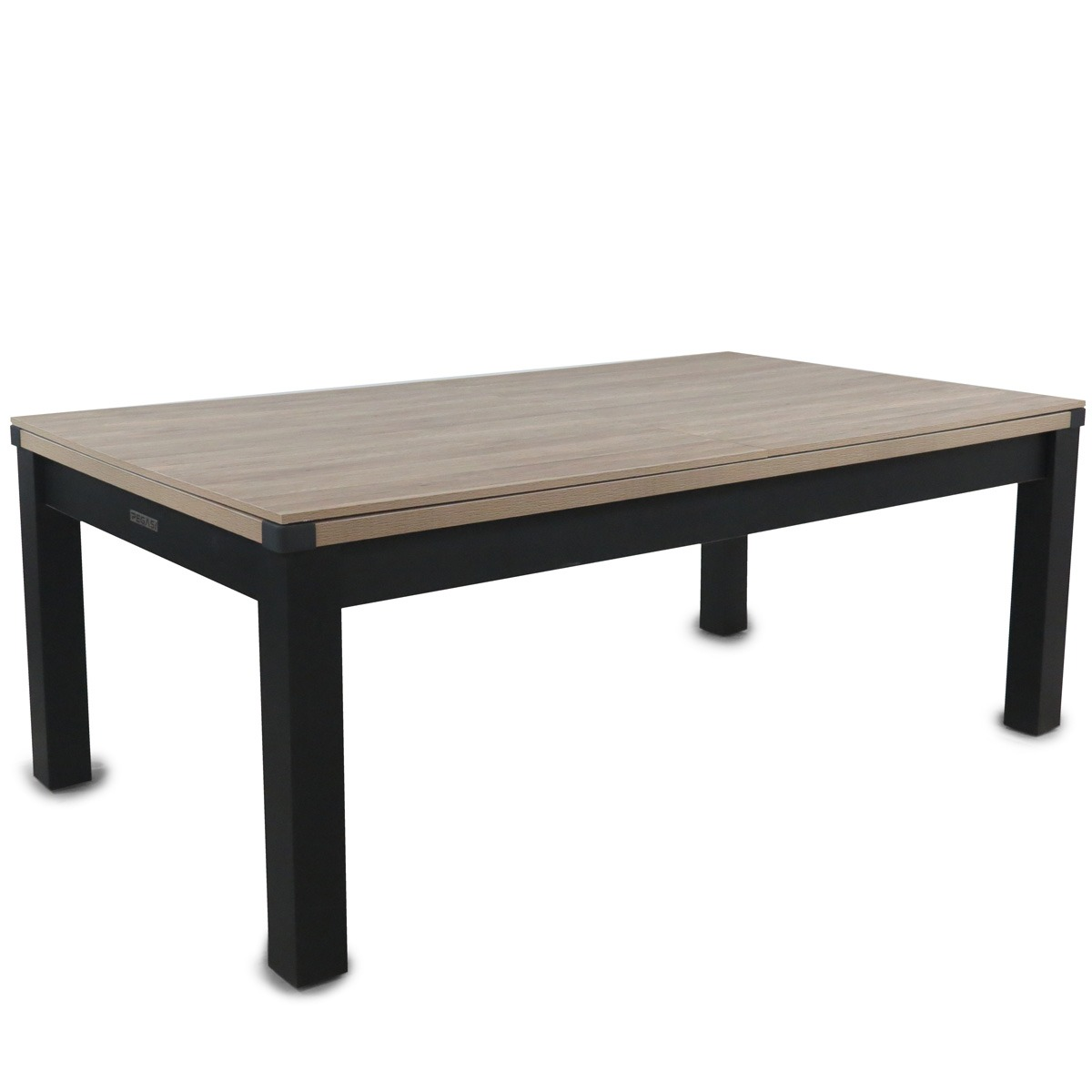 Een rechthoekige tafel met een blad met houtnerf en zwart frame.