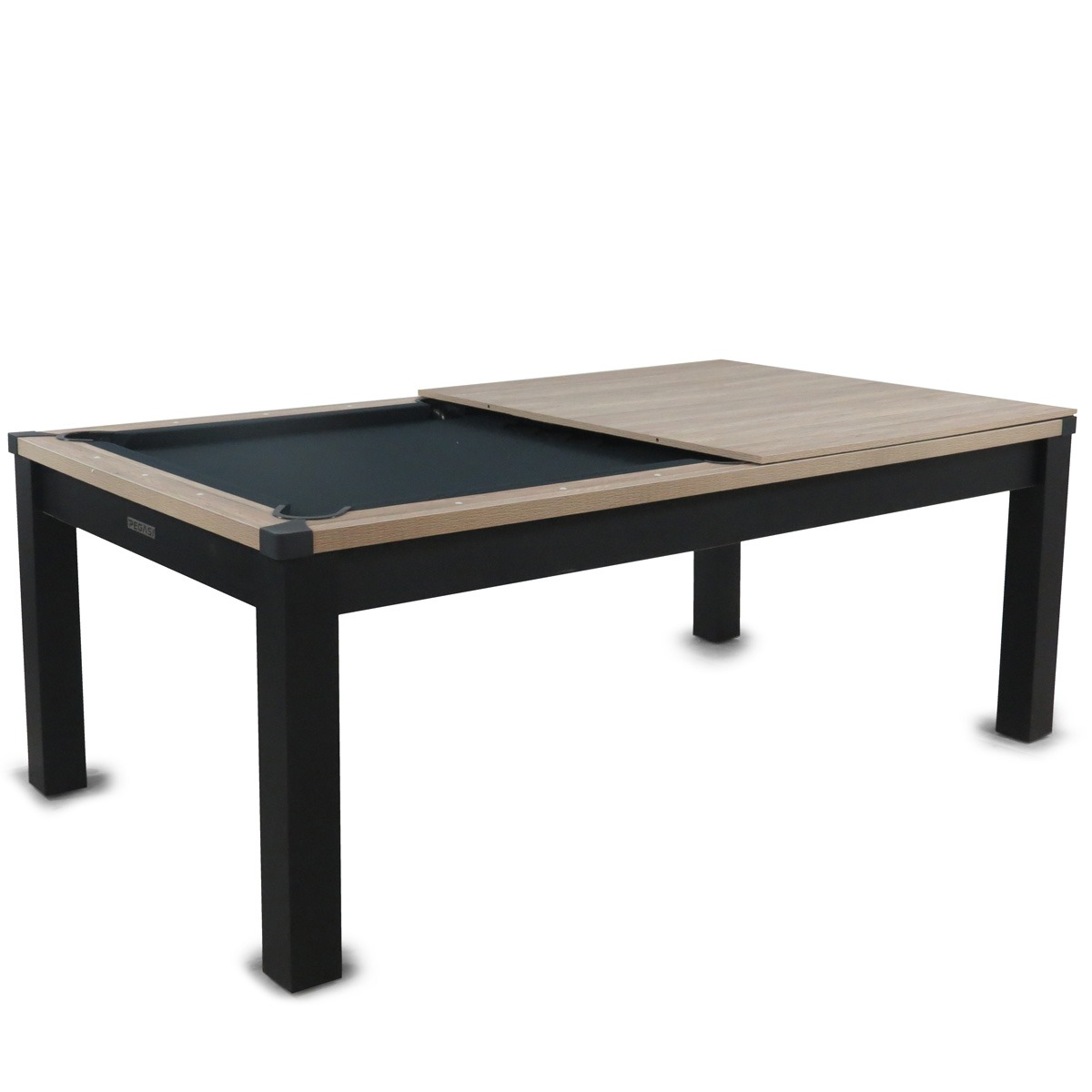 Een zwarte pooltafel met een houten blad dat één kant bedekt.