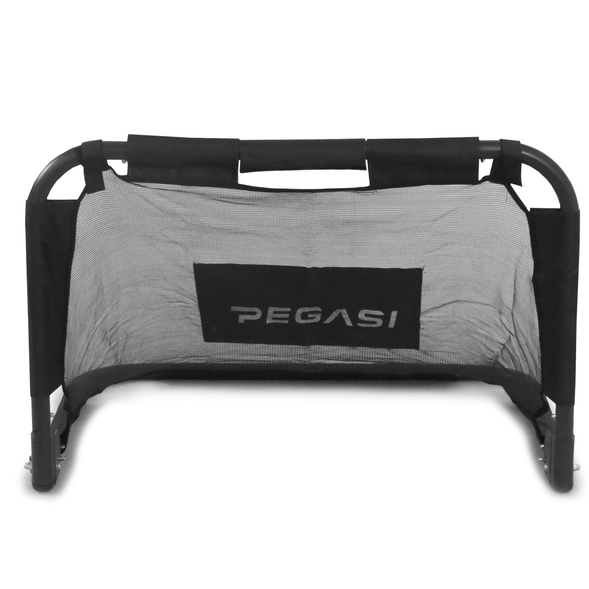 A black, portable soccer goal with netting and the "PEGASI" logo.