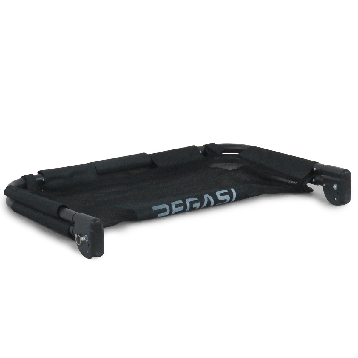 A black, foldable cot with a metal frame and fabric surface.