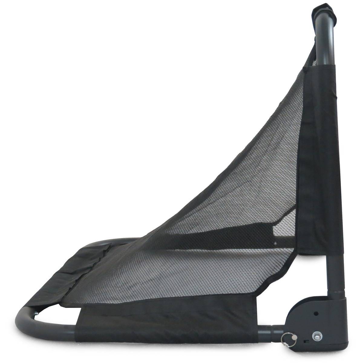 Black mesh net with metal frame on a white background.