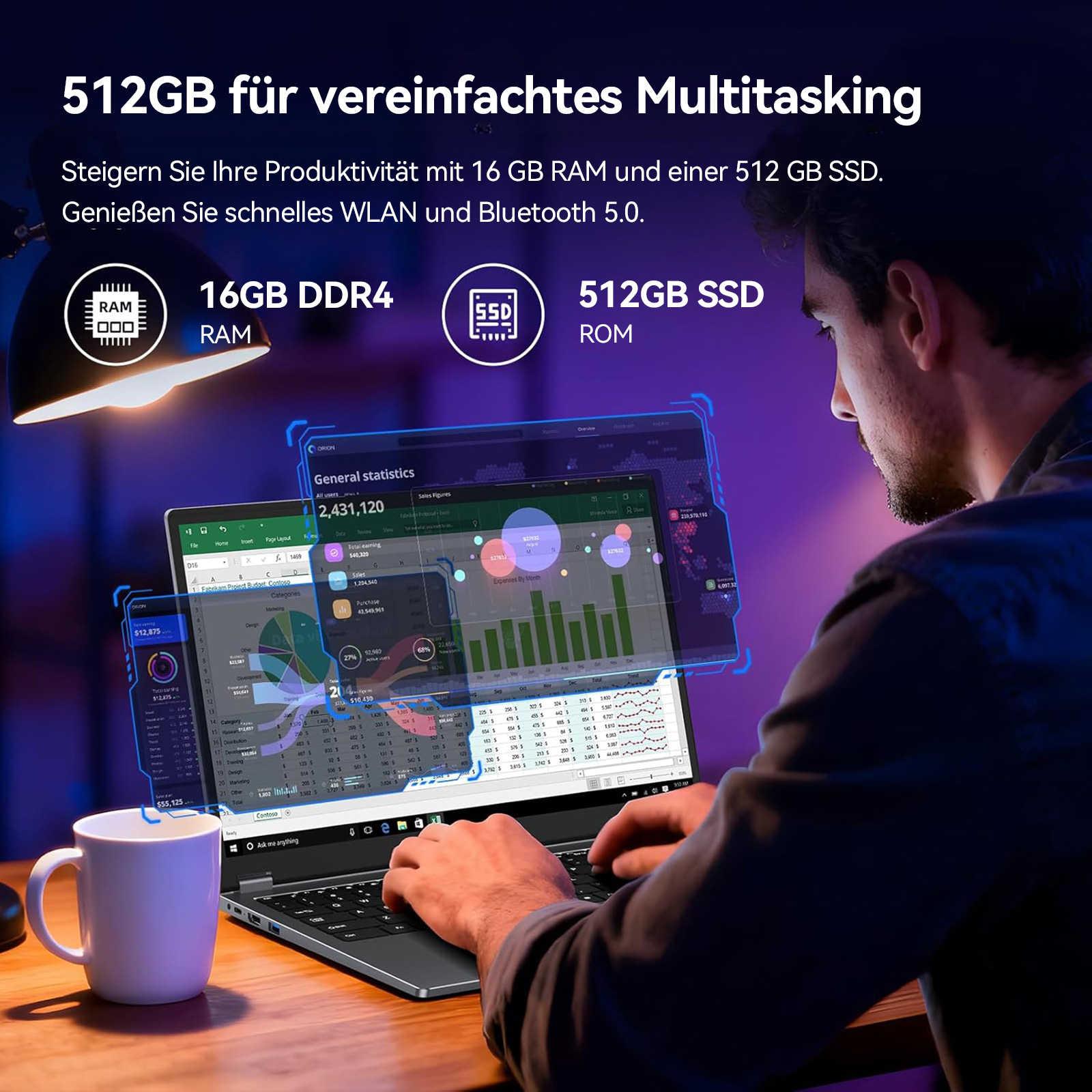 Mann arbeitet am Laptop mit Diagrammen. 16GB RAM, 512GB SSD.
