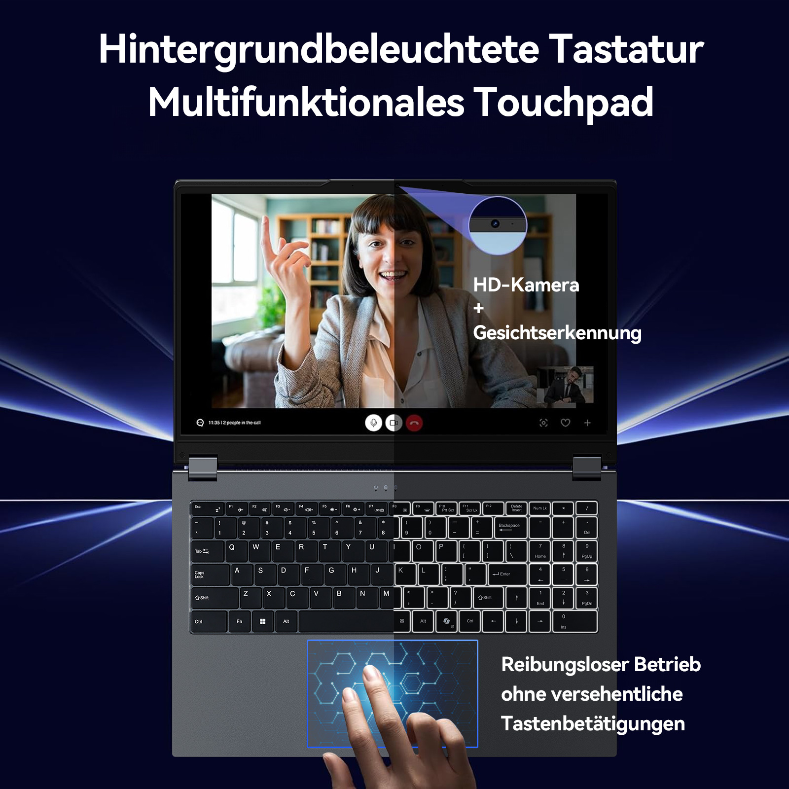 Laptop mit Videokonferenz: Frau spricht, HD-Kamera, Touchpad.