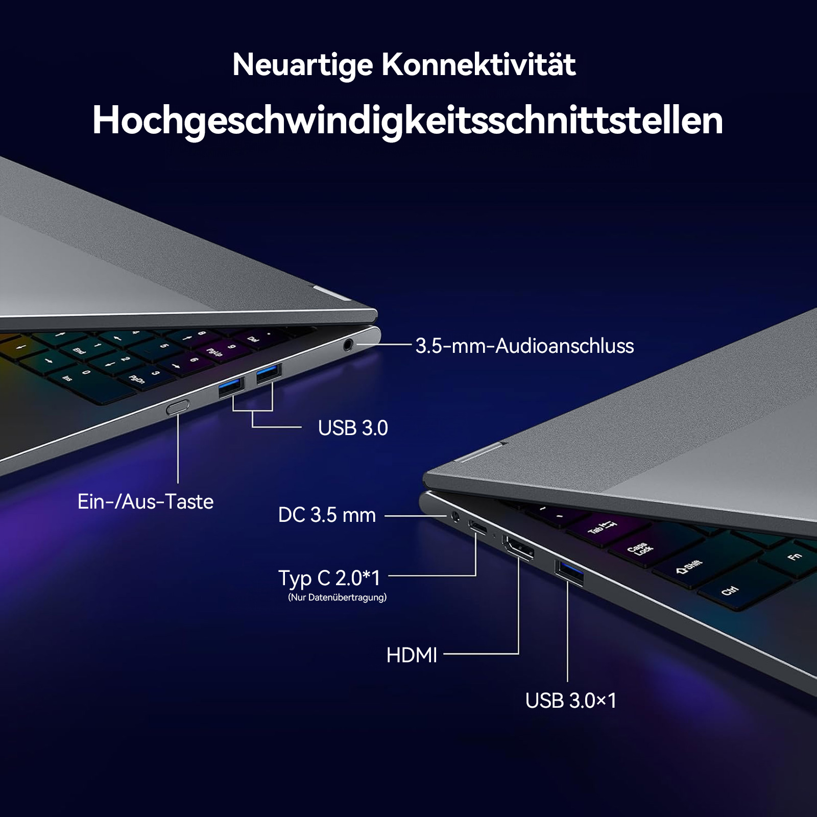 Ein Laptop mit verschiedenen Anschlüssen: USB 3.0, DC 3.5 mm, Typ C, HDMI.