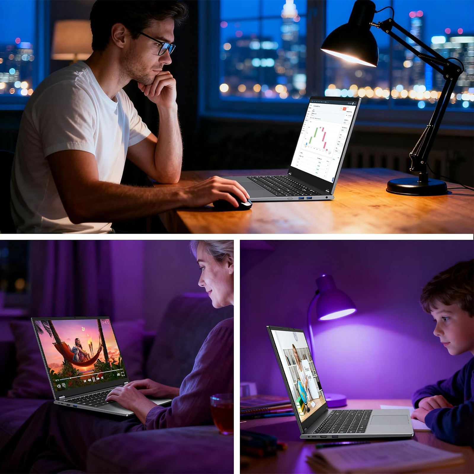 Mann am Laptop, Frau schaut Film, Kind lernt online. Mehrere Szenen.