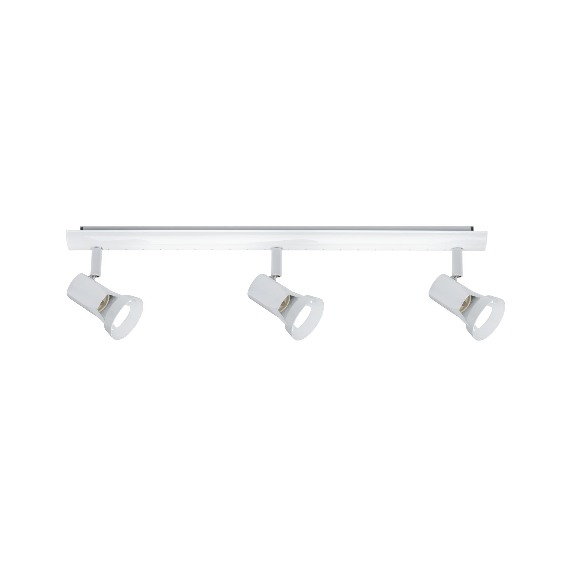 Una lampada da soffitto bianca a tre luci su sfondo bianco.