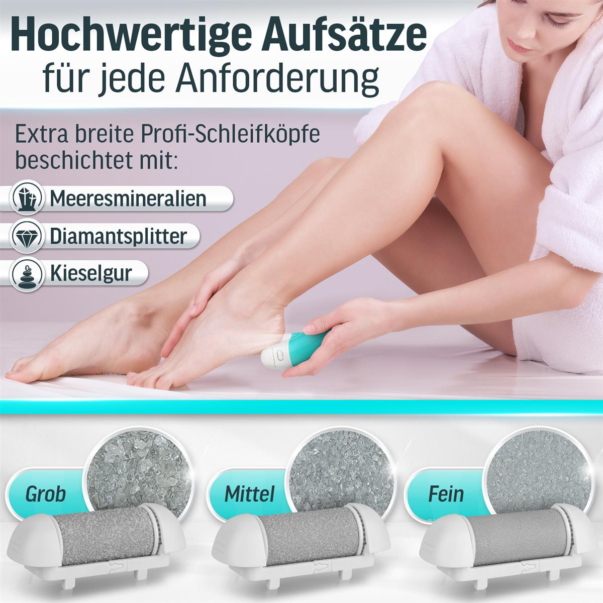 Frau benutzt eine Fußfeile mit drei Rollenköpfen: grob, mittel und fein.