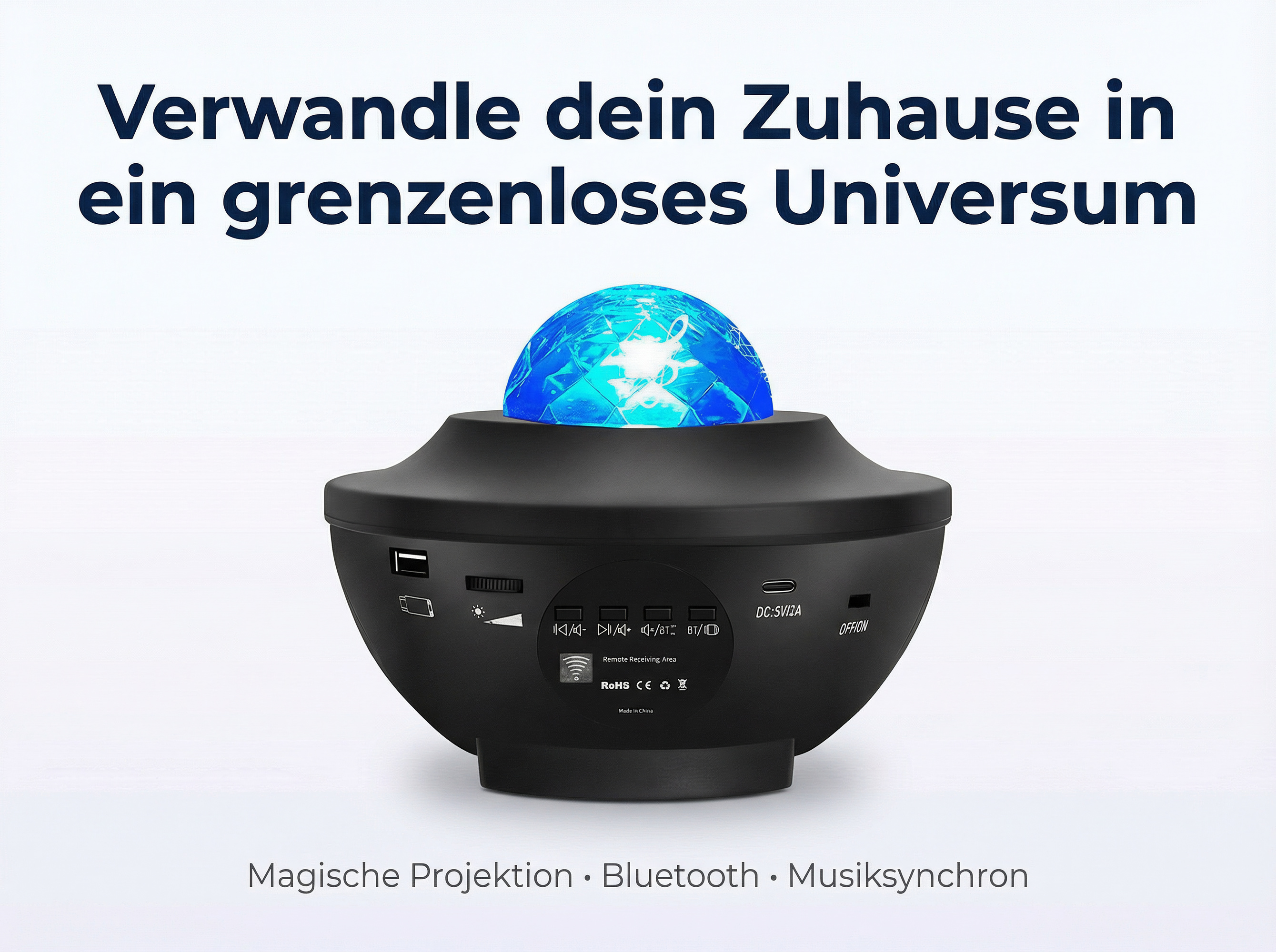 Ein schwarzer Sternenprojektor mit blauem Licht auf einem weißen Hintergrund.