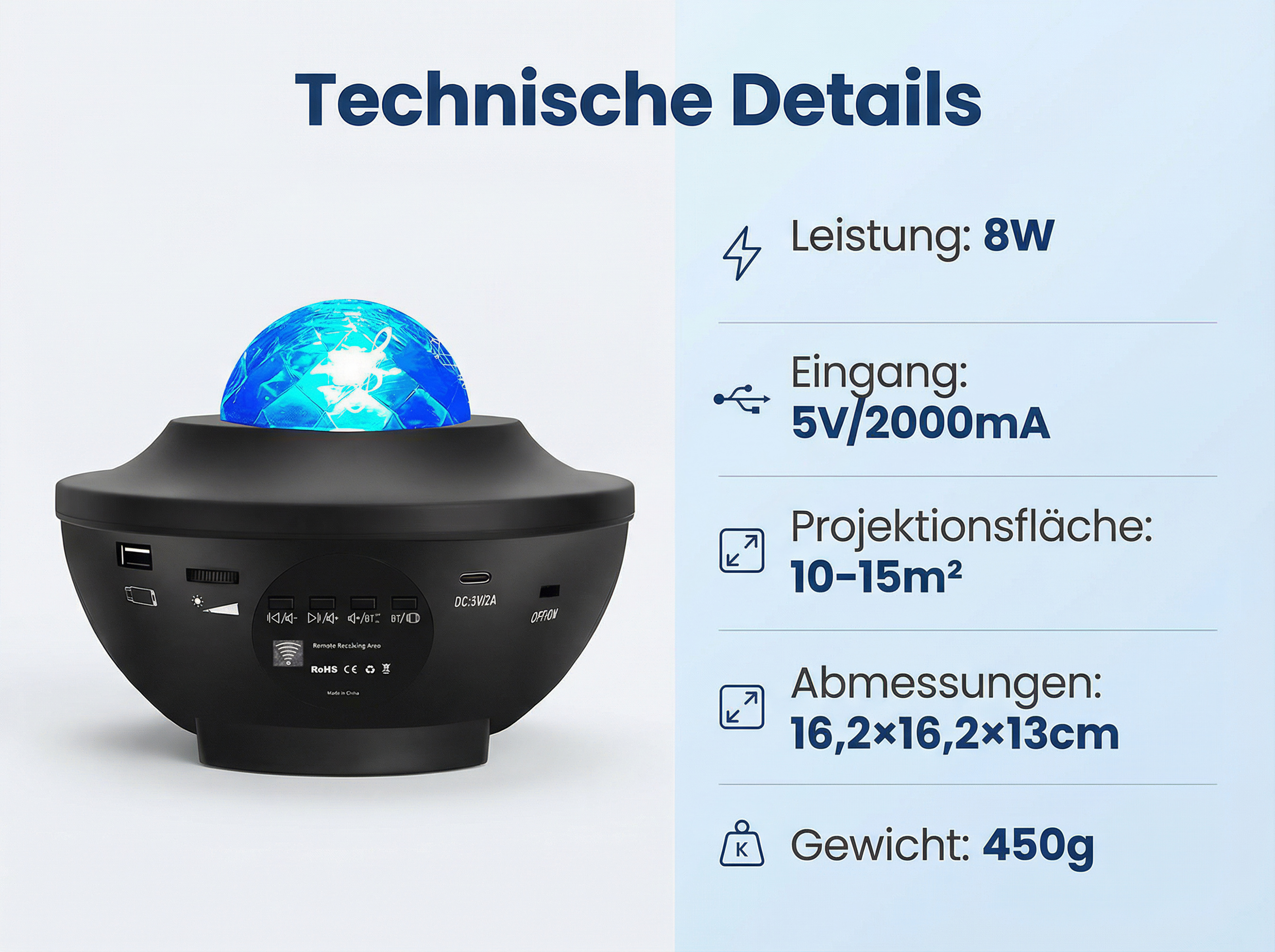 Schwarzer Sternenlichtprojektor mit technischen Details: 8W Leistung, 5V/2A Eingang.