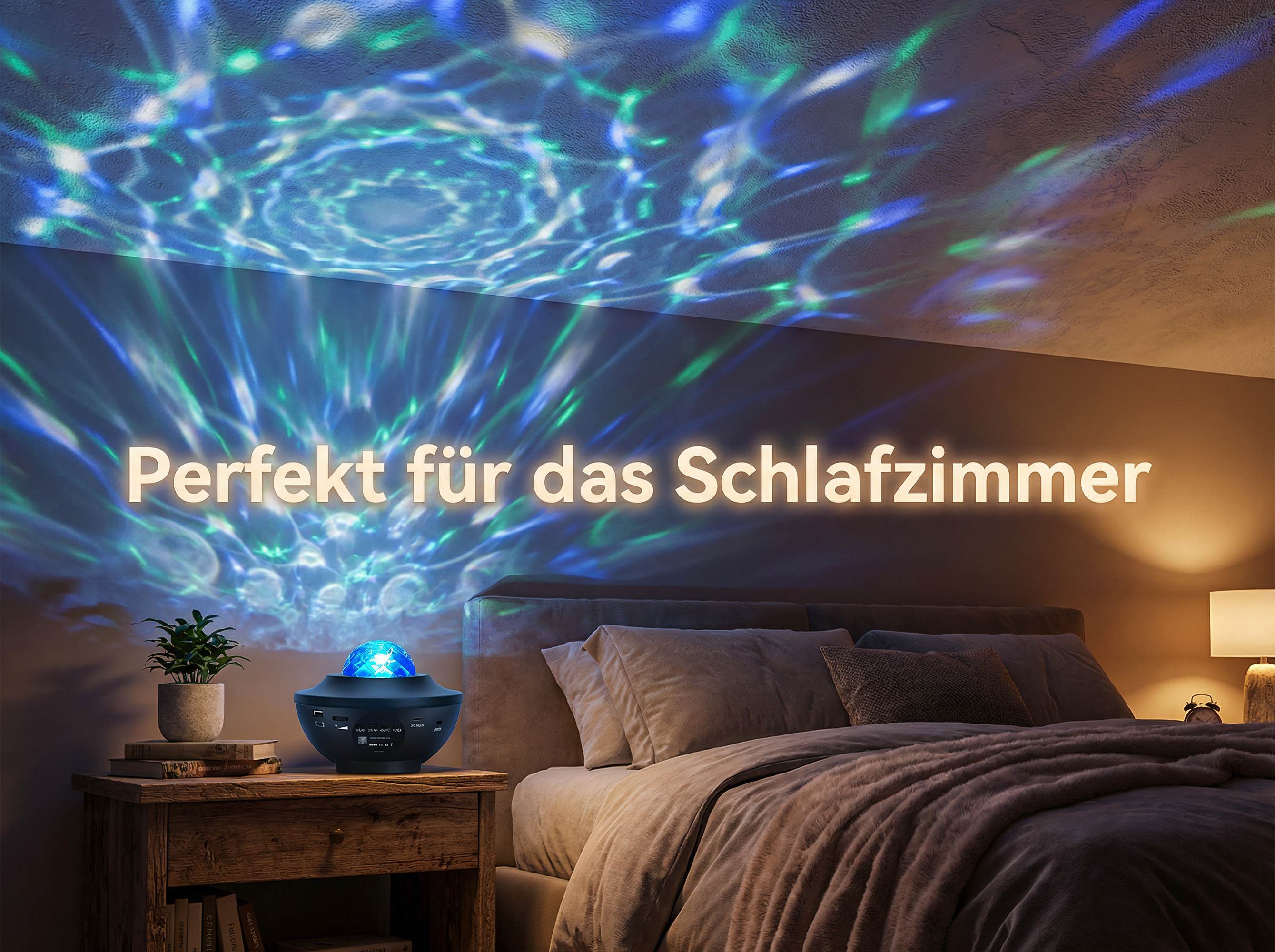 Ein Sternenprojektor beleuchtet ein Schlafzimmer mit blauem und grünem Licht.