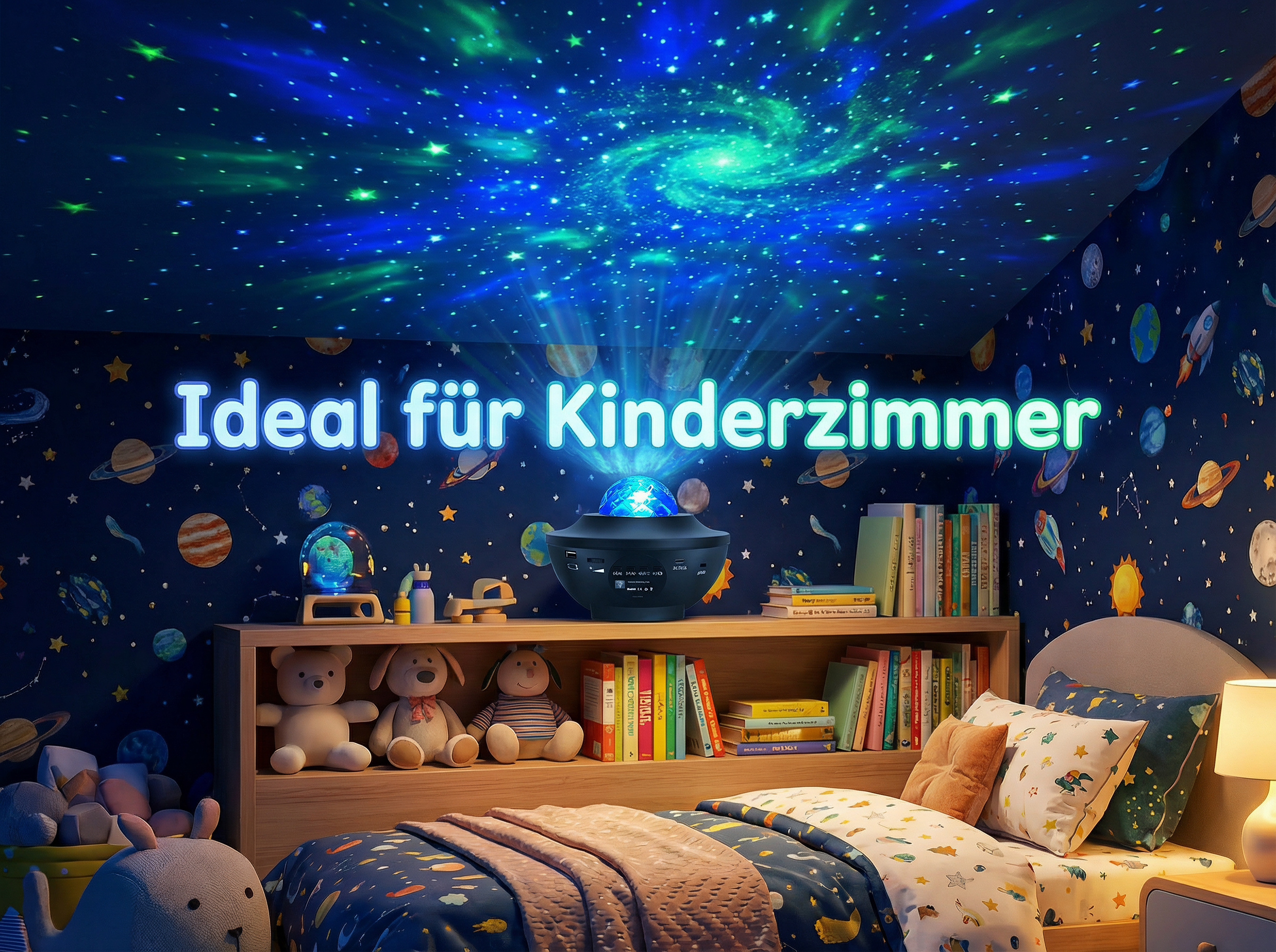 Kinderzimmer mit Sternenhimmel-Projektor, Spielzeug und Weltraum-Thema.
