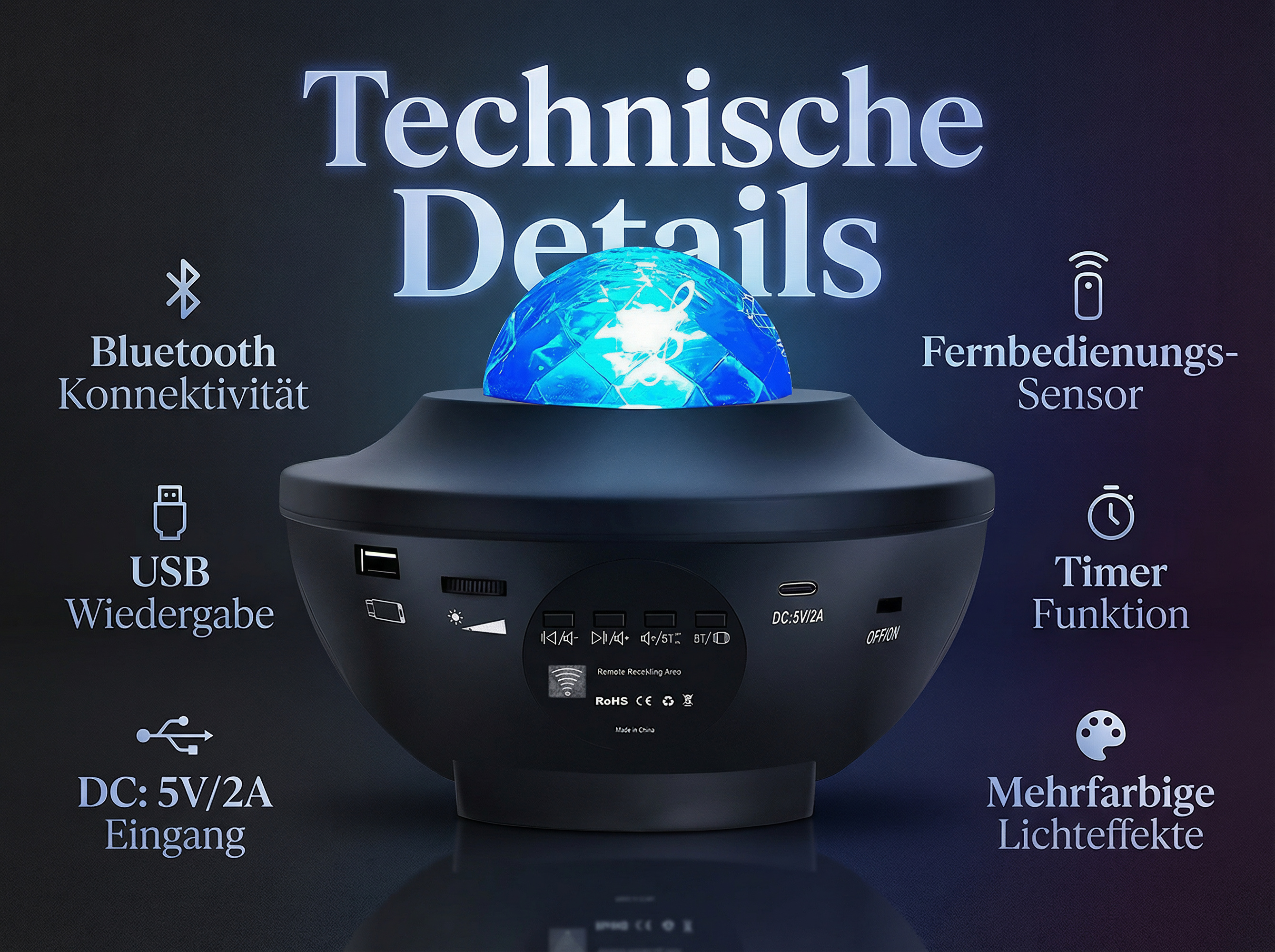 Ein Sternenprojektor mit Bluetooth, USB, Timer und bunten Lichteffekten.