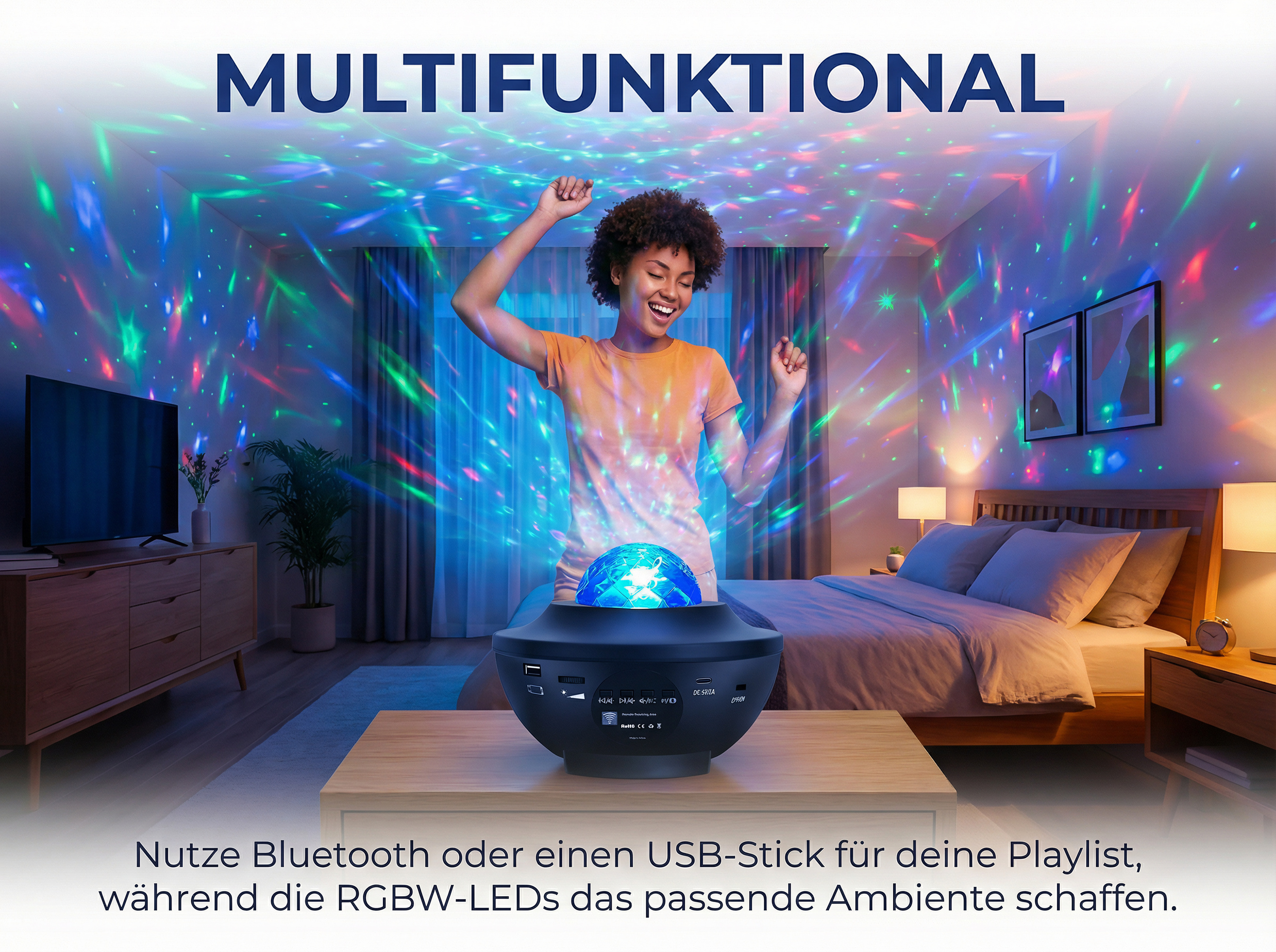 Frau tanzt in einem Schlafzimmer mit Sternenlichtprojektor, der bunte Lichter wirft.