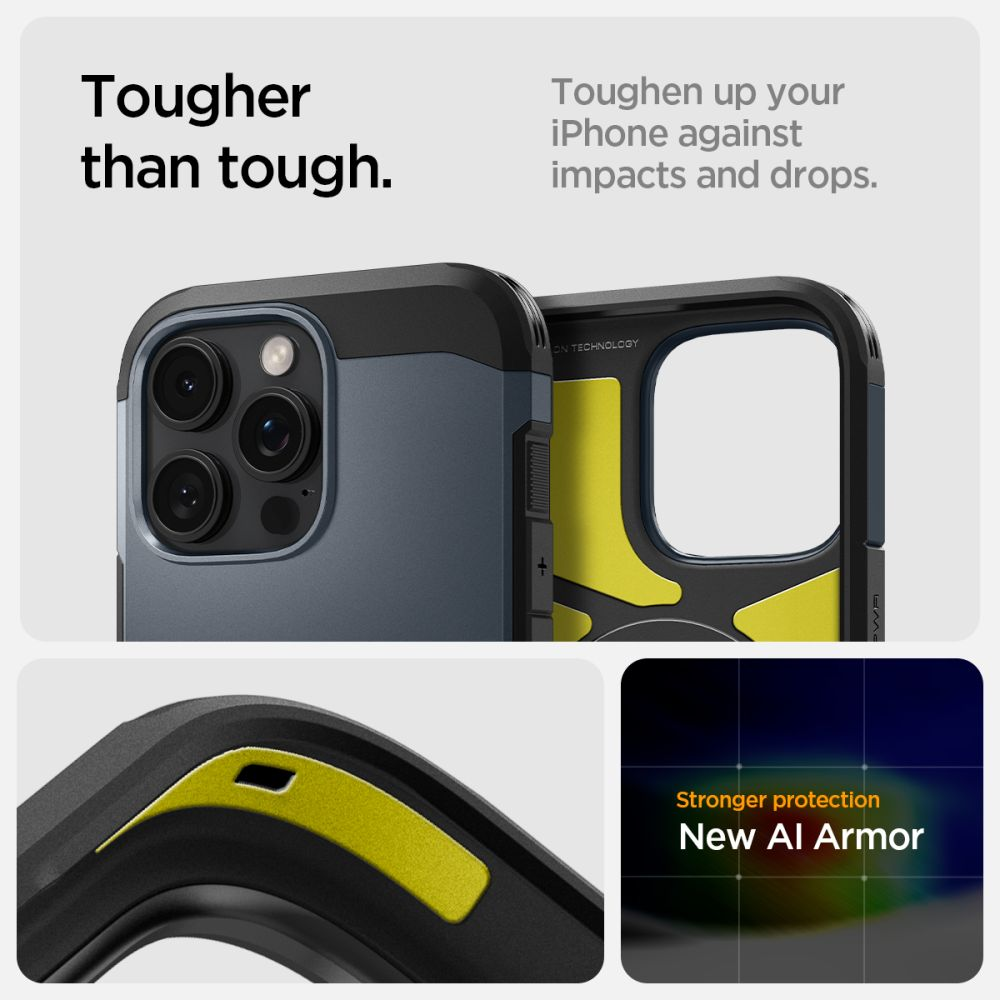 Custodia iPhone nera e gialla con testo "New AI Armor".