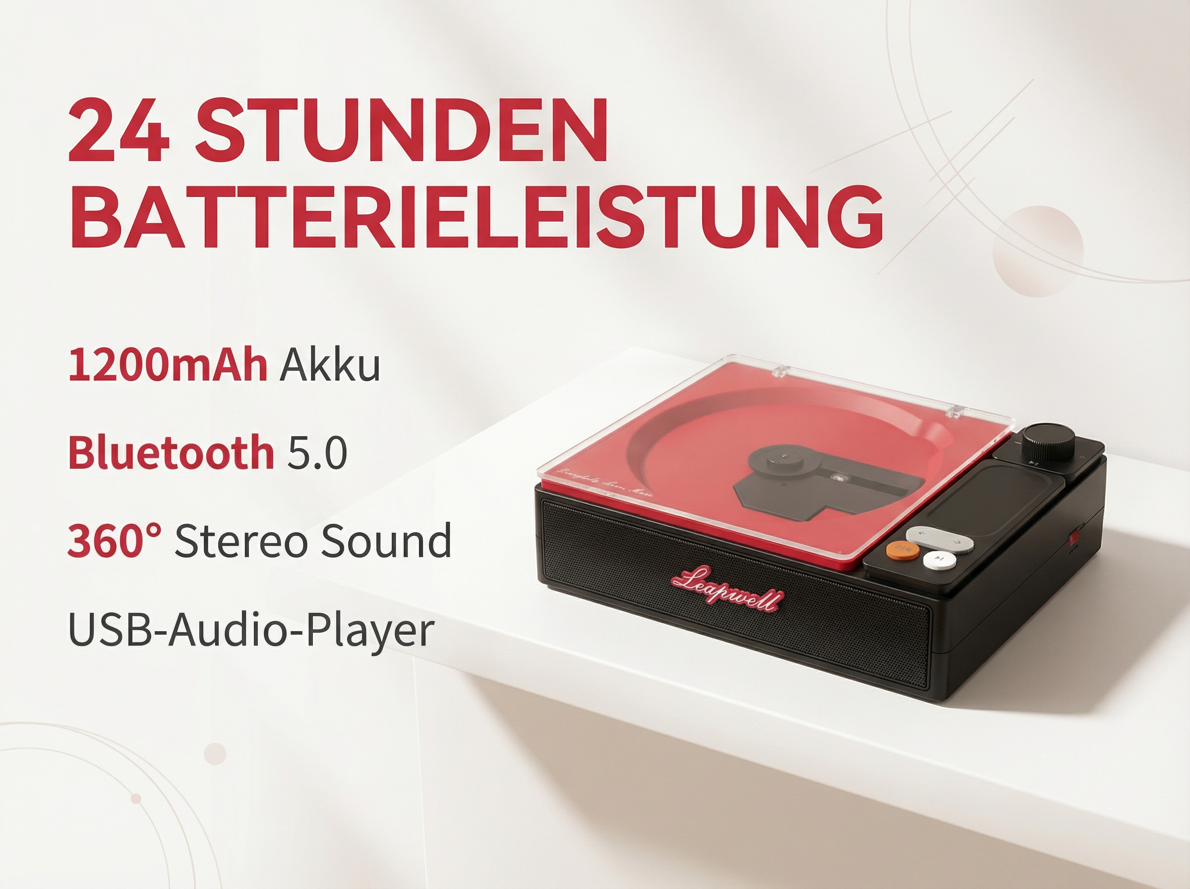 Schwarzer Plattenspieler mit roter Abdeckung, Lautsprechern und Bedienelementen.