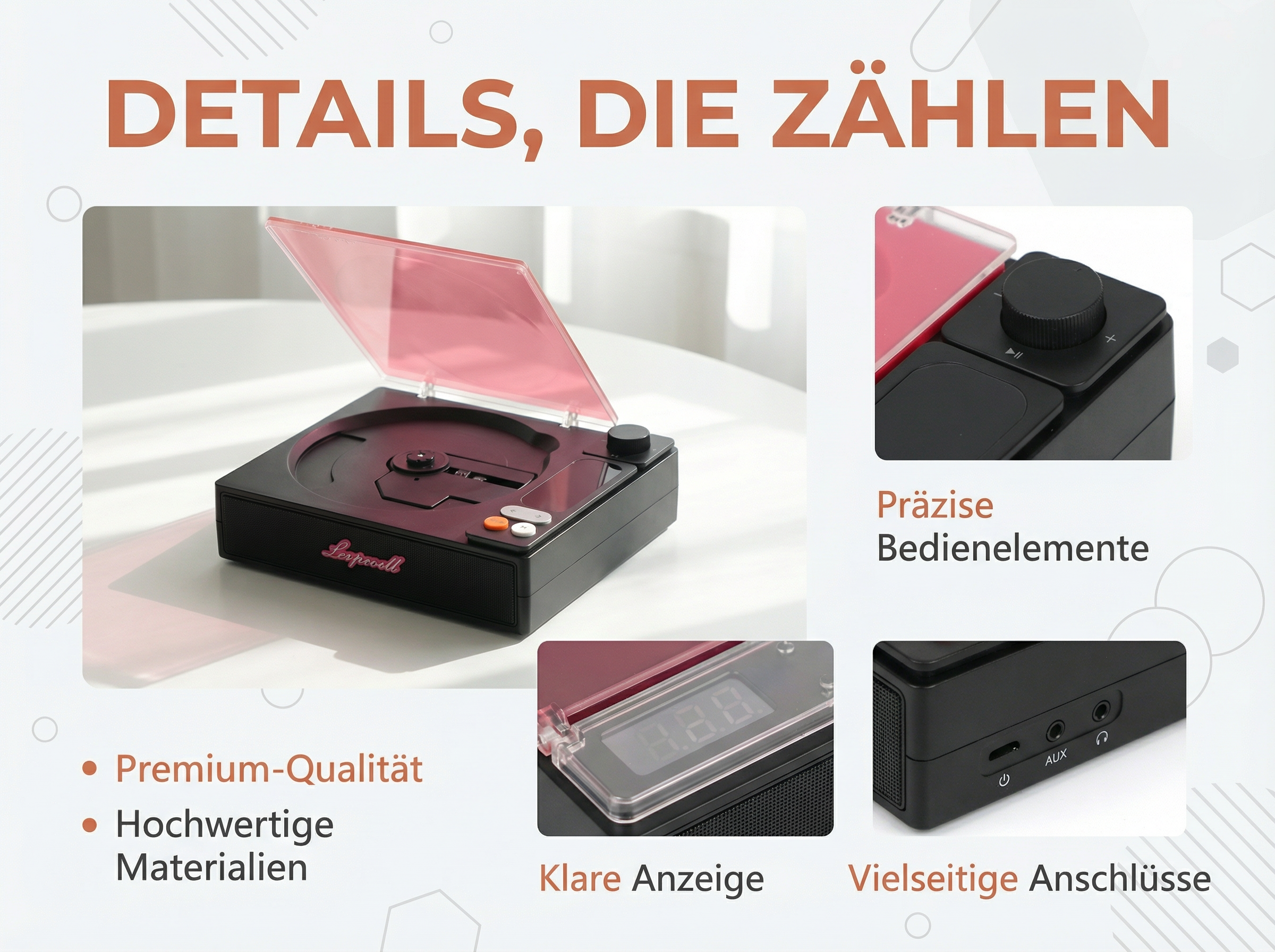 Schwarzer Plattenspieler mit roter Abdeckung, Tasten und Anschlüssen.