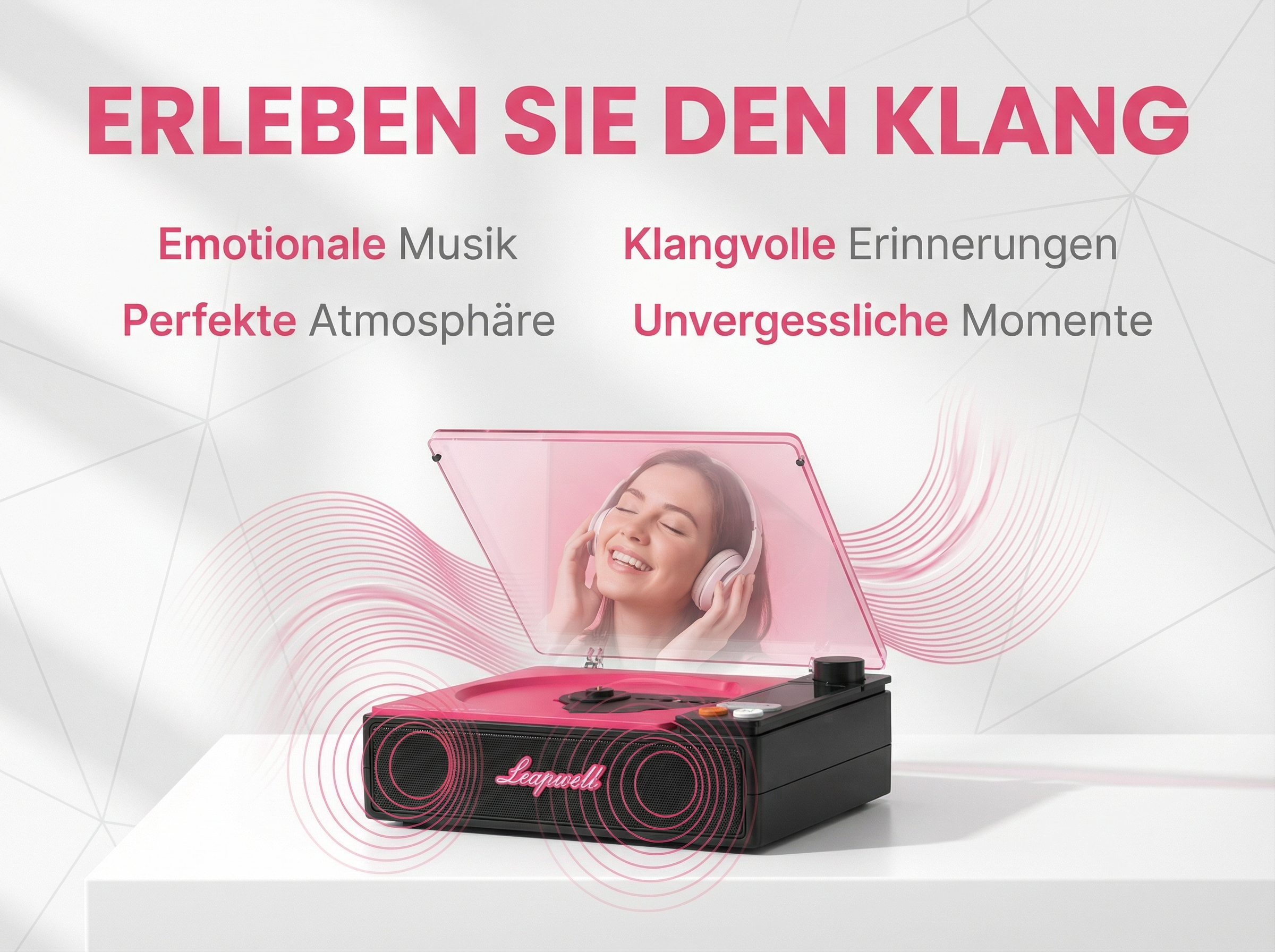 Ein pinker Plattenspieler mit einem Mädchen, das Kopfhörer trägt.