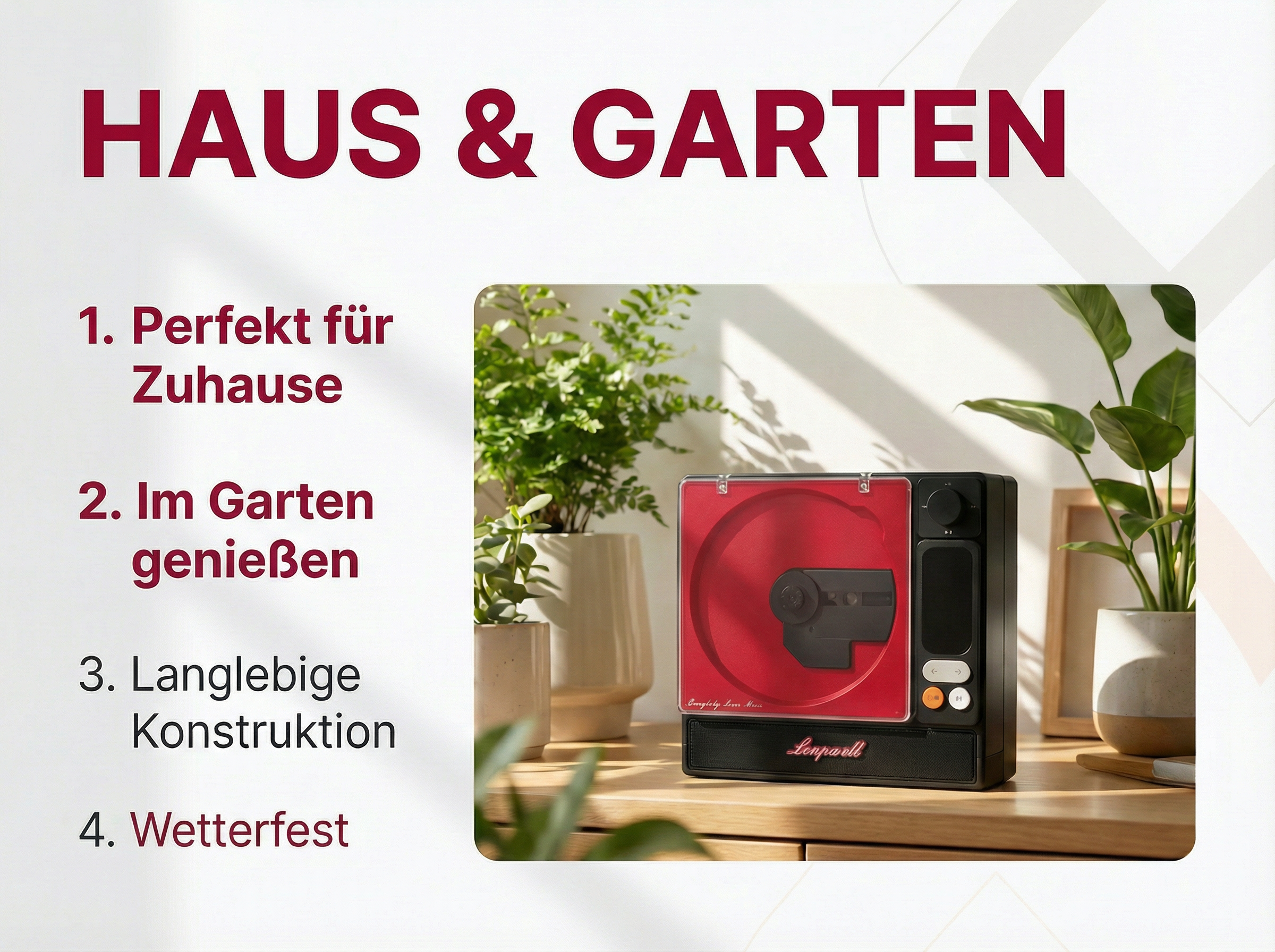 Ein roter CD-Player steht auf einem Holztisch neben Pflanzen. HAUS & GARTEN.